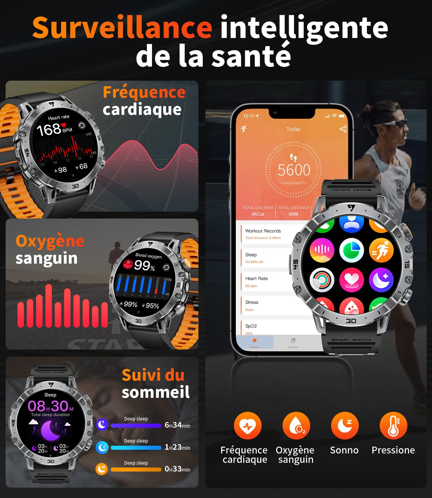 Montre Connectée Homme Militaire, 1.7'' Smartwatch avec 1000mAh, 3 Bracelets + 2 Chargeurs, Appel Bluetooth, LED Lampe, 110+ Modes Sportifs/IP68, Surveillance Cardiaque/Sommeil, Android/iOS EF18-A