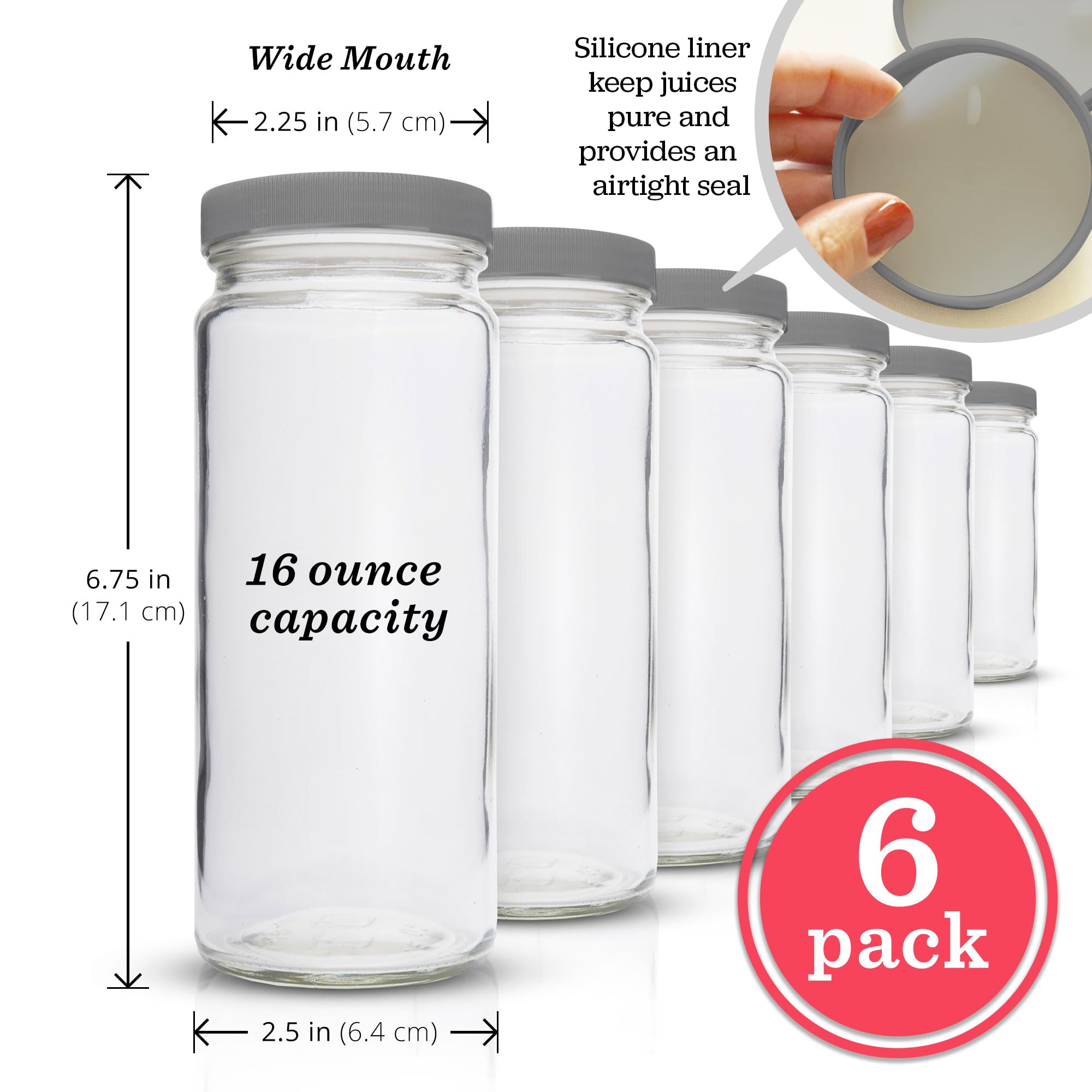 Juego de 6 botellas de agua de cristal de boca ancha con tapas para zumo, batidos, almacenamiento de bebidas, 473 ml, duradero, respetuoso con el medio ambiente y sin BPA, reutilizable, apto para