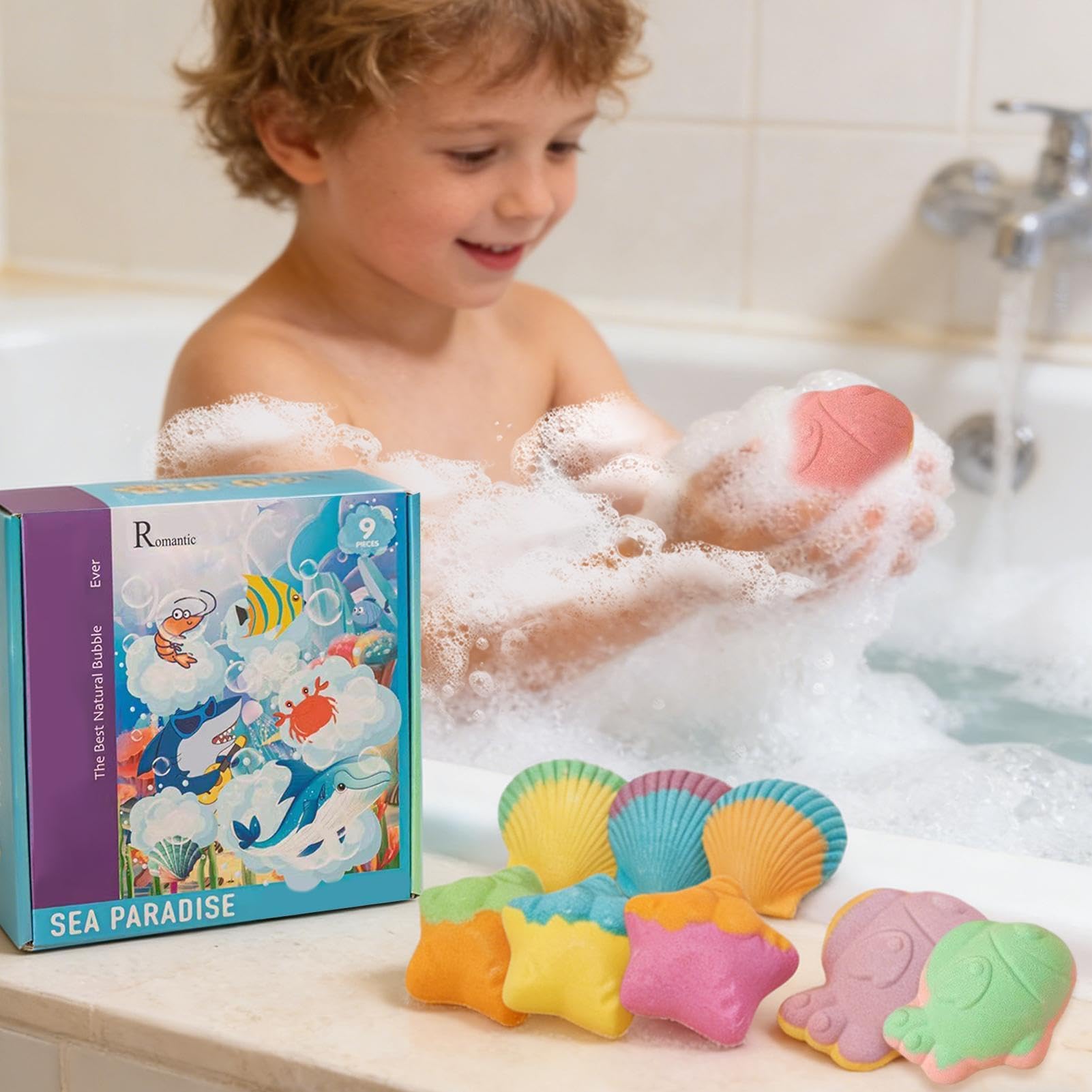 Bombe da Bagno con Giocattolo per Bambini 9 Pezzi Set Doccia a Tema Marino | Set di per Bambini per Regalo Compleanno Festa Viaggio Hotel Casa Bagno Servizi Asilo