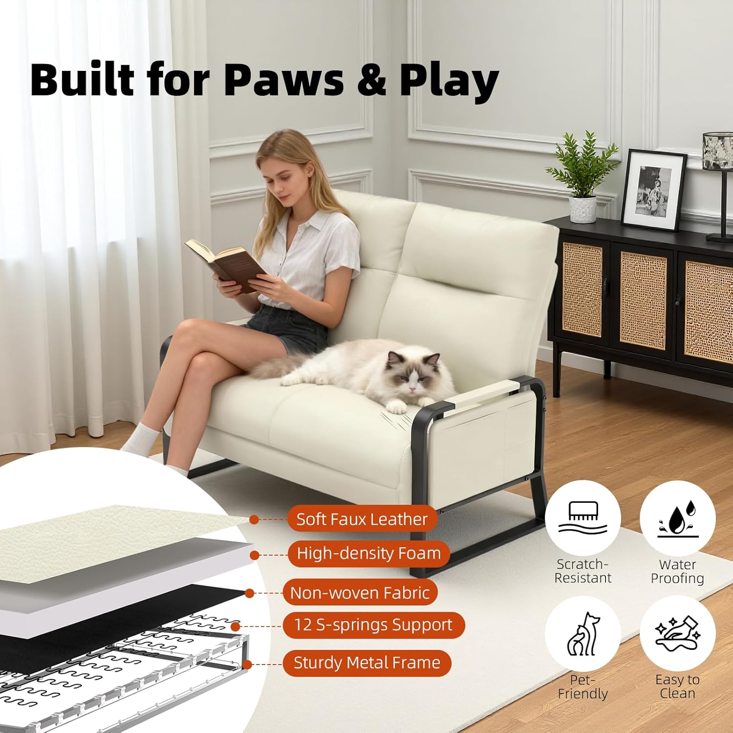 Faux Leather Loveseat, Upholstered Loveseat with Side Tray Table & Storage Pocket, Small Loveseat for Living Room, Modern 2 Seater Sofa Couch for Small Spaces, Bedroom, Beige
