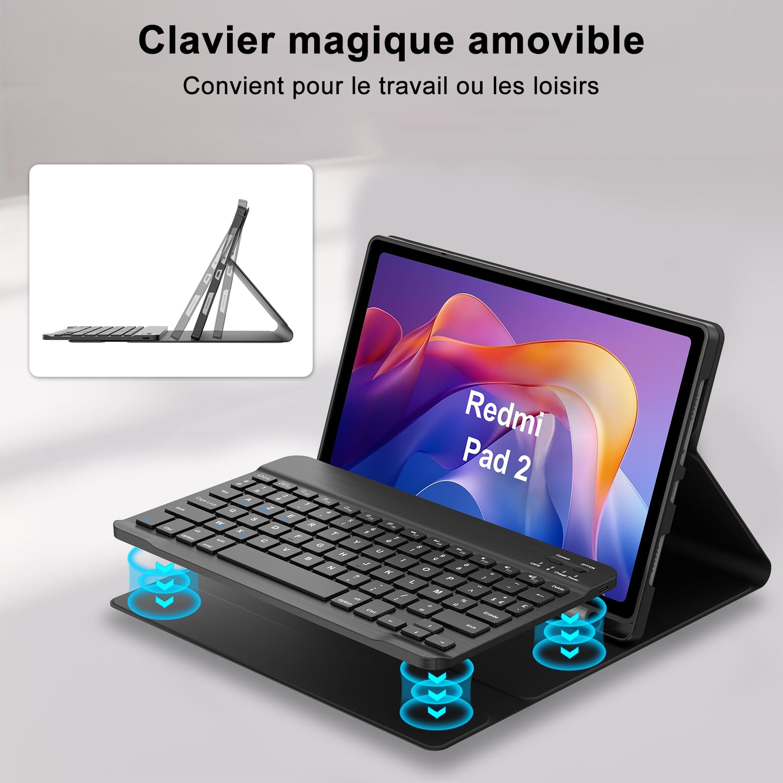 Cover Con Tastiera Bluetooth Staccabile Per Xiaomi Redmi Pad 2 11” 2025 – Layout AZERTY Francese, Custodia Magnetica In Nero
