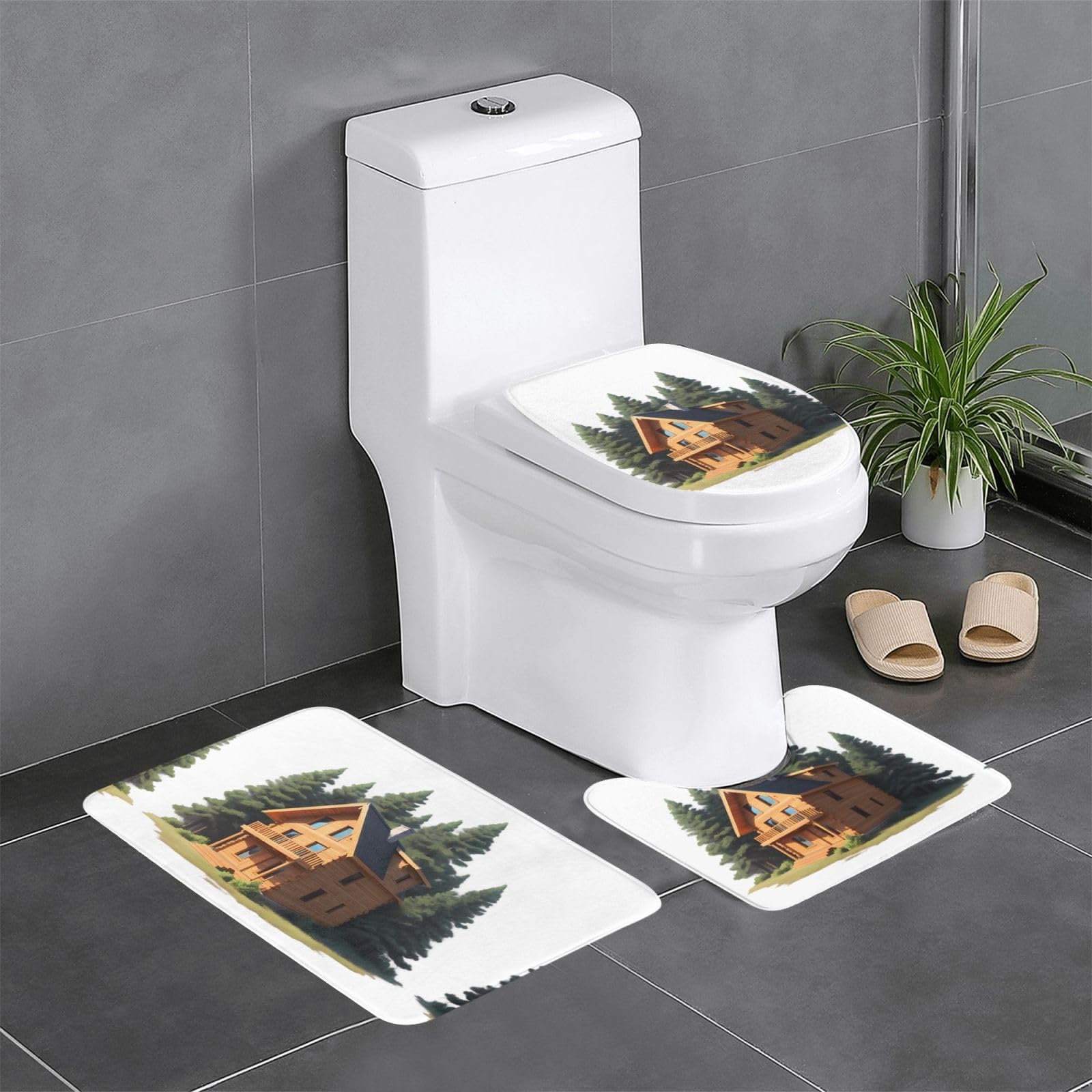 Tapis de salle de bain antidérapant lot de 3 pièces absorbantes motif forêt de pins pour douche