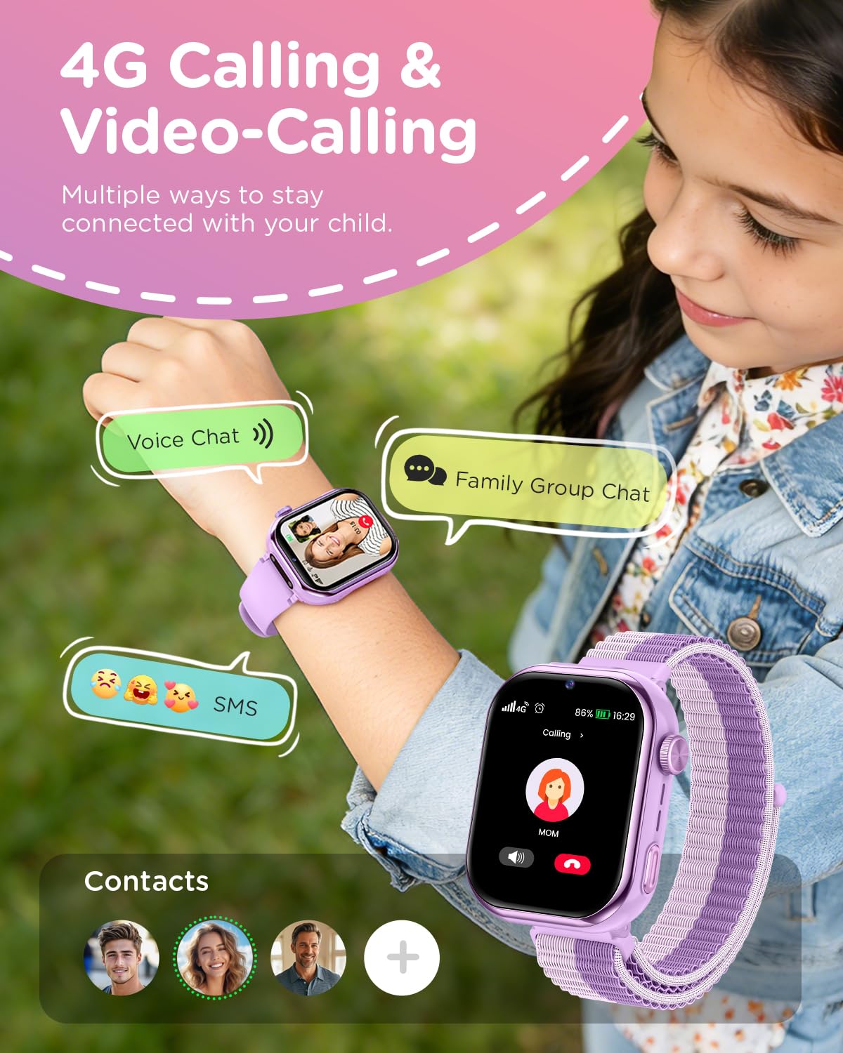 4G Reloj Inteligente Niña, 1.83'' HD Smartwatch Niñas con GPS y Llamadas, Videollamadas, Chat de Voz, Modo Escuela, Doble Cámara, Monitor de Sueño, Podómetro, Despertador IP68 para Niñas Niños Púrpura — view 2