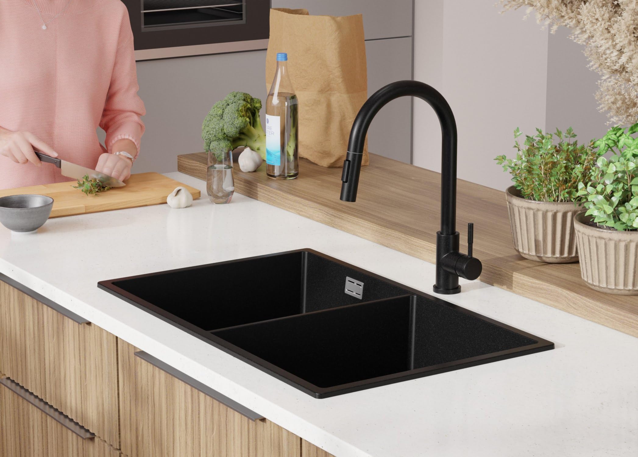 PRIMAGRAN Fregadero Cocina Todo Negro 76x47cm, Granito 2 Senos + Sifón, Sobre Encimera al Mueble 80cm - London Twin Slim S007