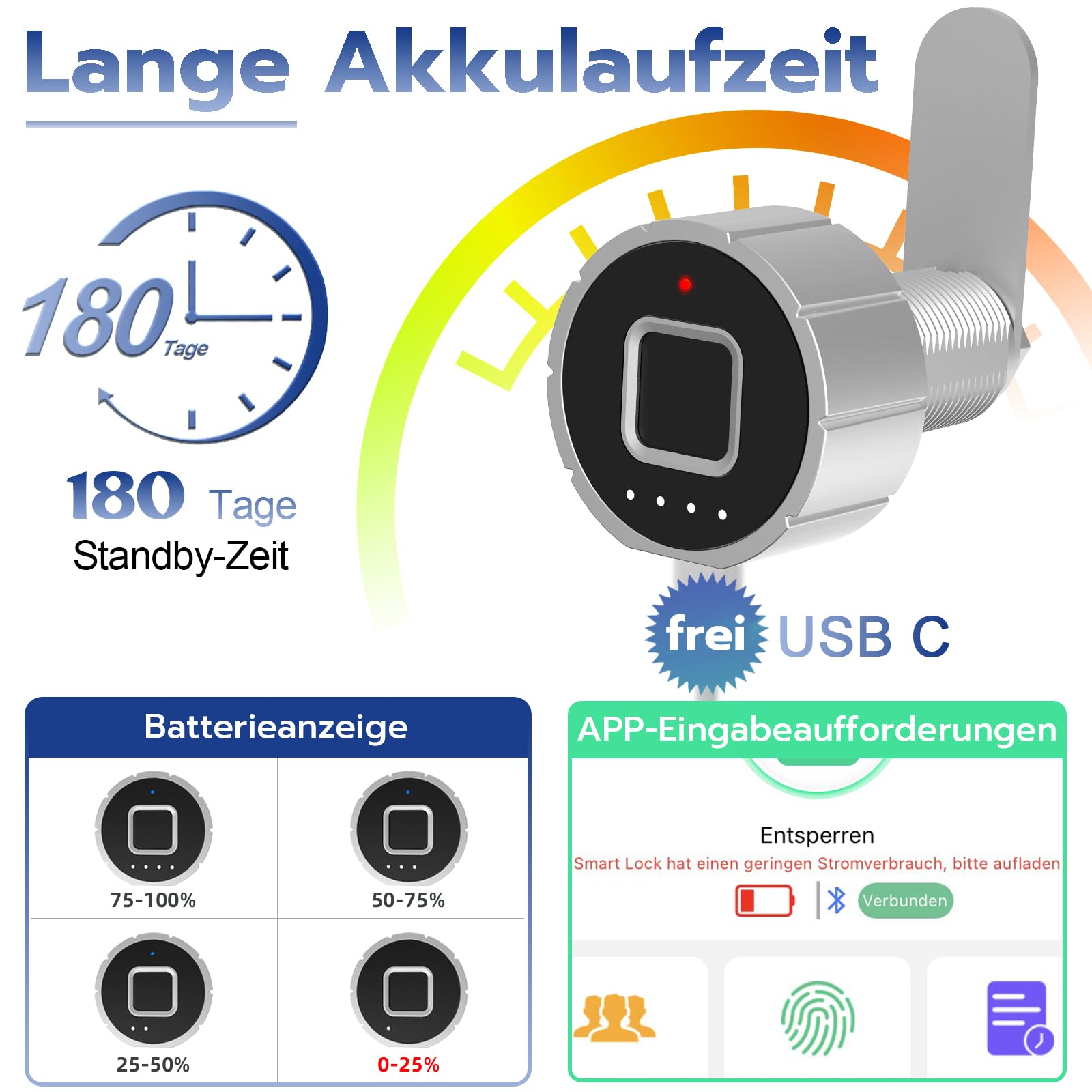 Fingerabdruck Schloss, Eseesmart Briefkastenschloss mit APP Fingerabdruck, Elektronisches Schrankschloss mit 3 Schließzunge, Schubladenschloss für Spind Möbel 20mm