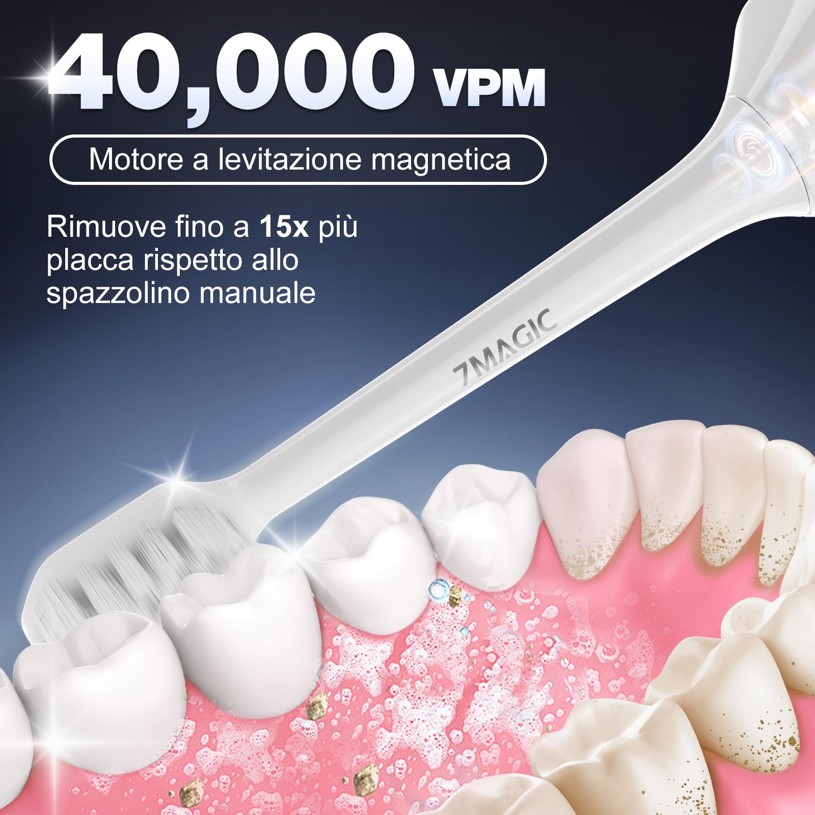 7MAGIC Spazzolino elettrico sonico, 180 giorni di autonomia, Bianco