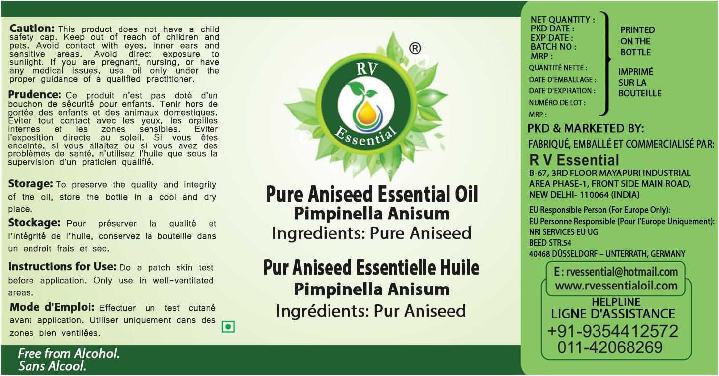 R V Essential Pure Aniseed Essential Oil 300ml (10oz)- Pimpinella Anisum (100% Pure and Natural Steam Distilled)