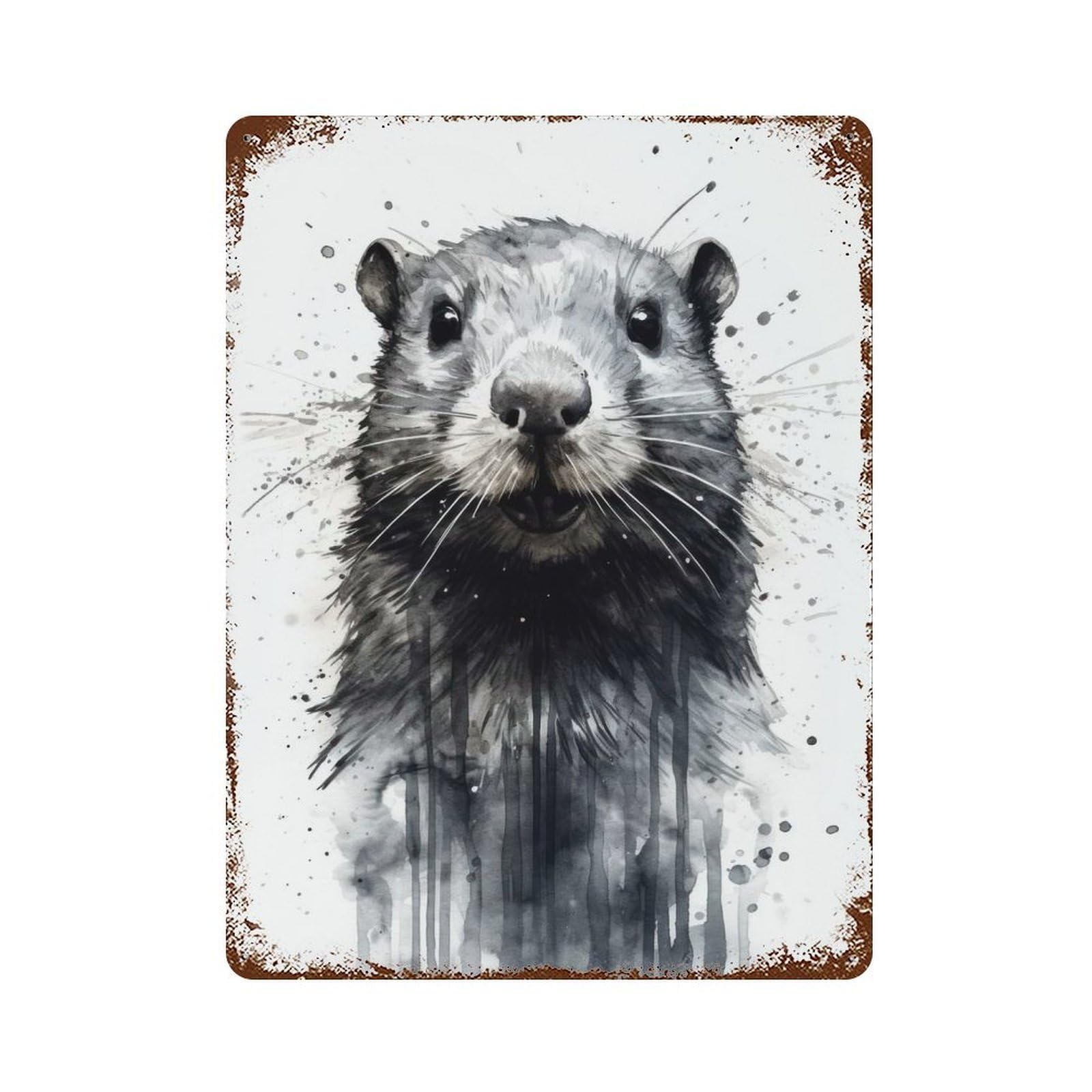 Weathered Tin Sign with Beaver Beauty Black Ink Design 15.7"x11.8", for Garage, Bar And Workshop Decor, Decorative Metal Wall Art