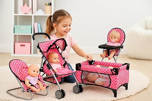 Miniatura 27 de fash n kolor El juego de 4 piezas para muñeca de bebé, diseño de flores, incluye paquete plegable y juego, cochecito de muñeca de bebé, silla alta 4