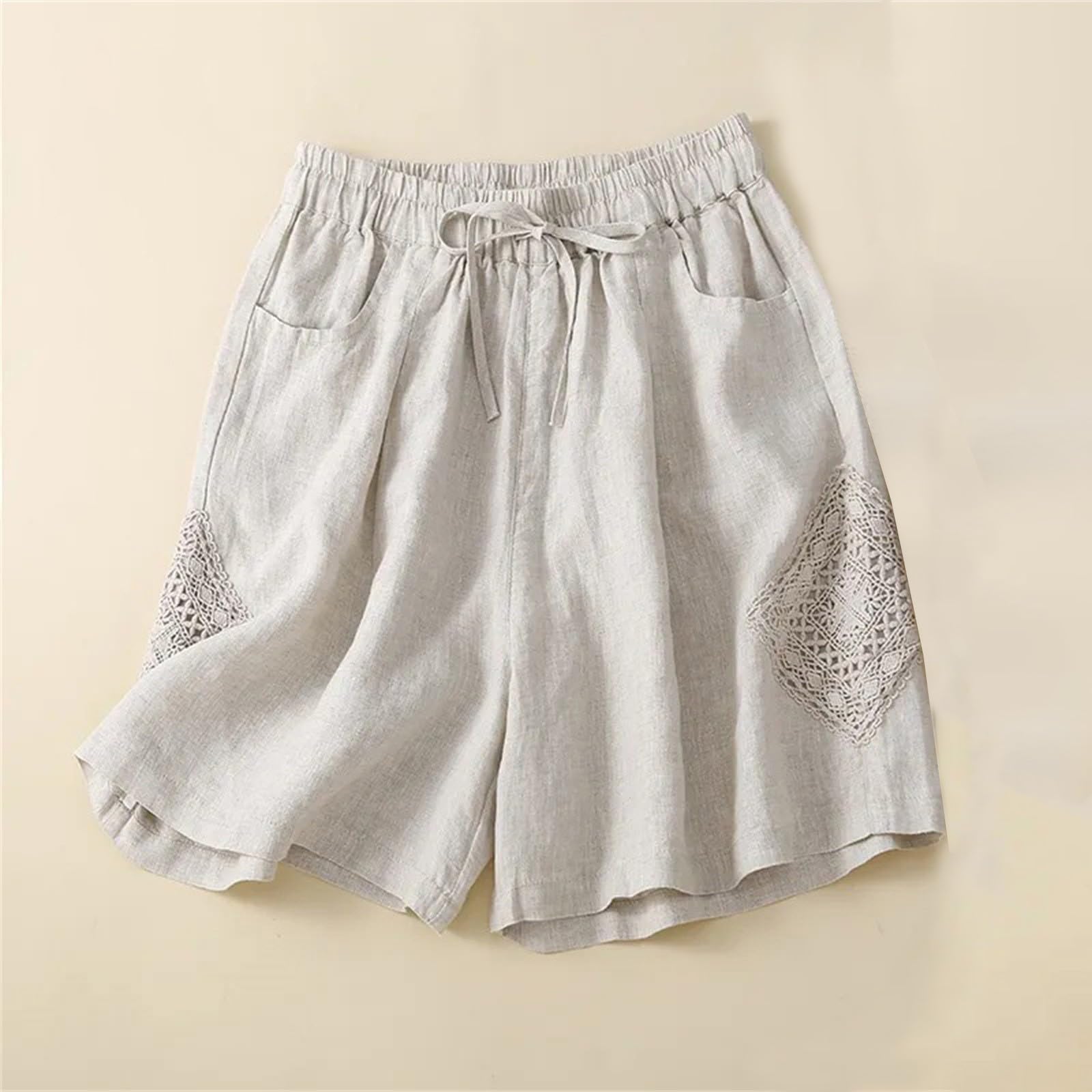 Generisch Pantalones cortos de mezclilla para mujer, pantalones cortos de lino para mujer, pantalones cortos de algodón de cintura alta, pantalones de pierna ancha, cintura elástica, pantalones cortos