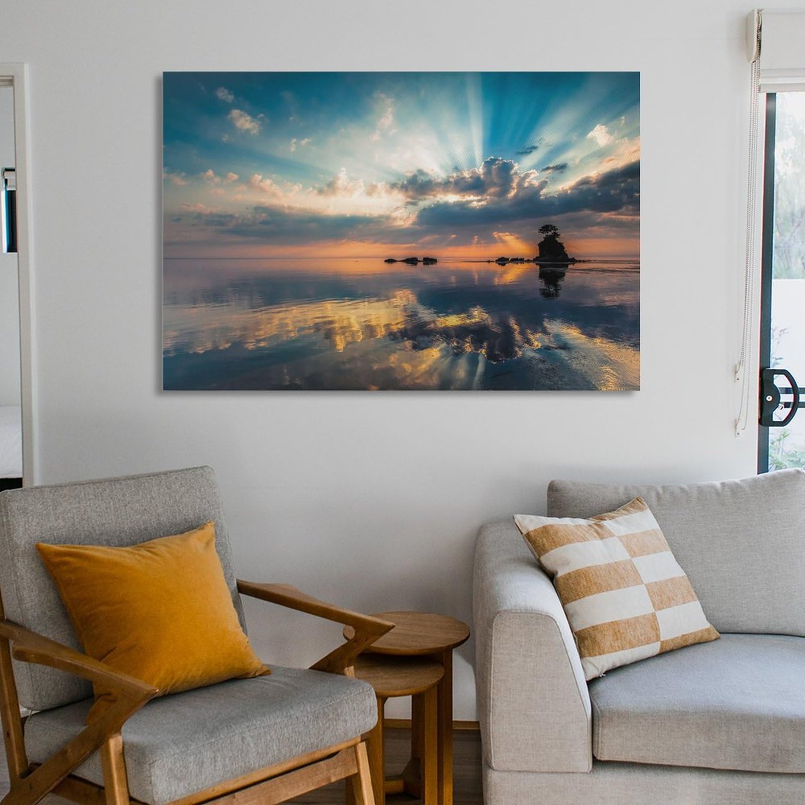 3枚 明るい月のうねる波 絵画 インテリア ポスター 美しい海の景色