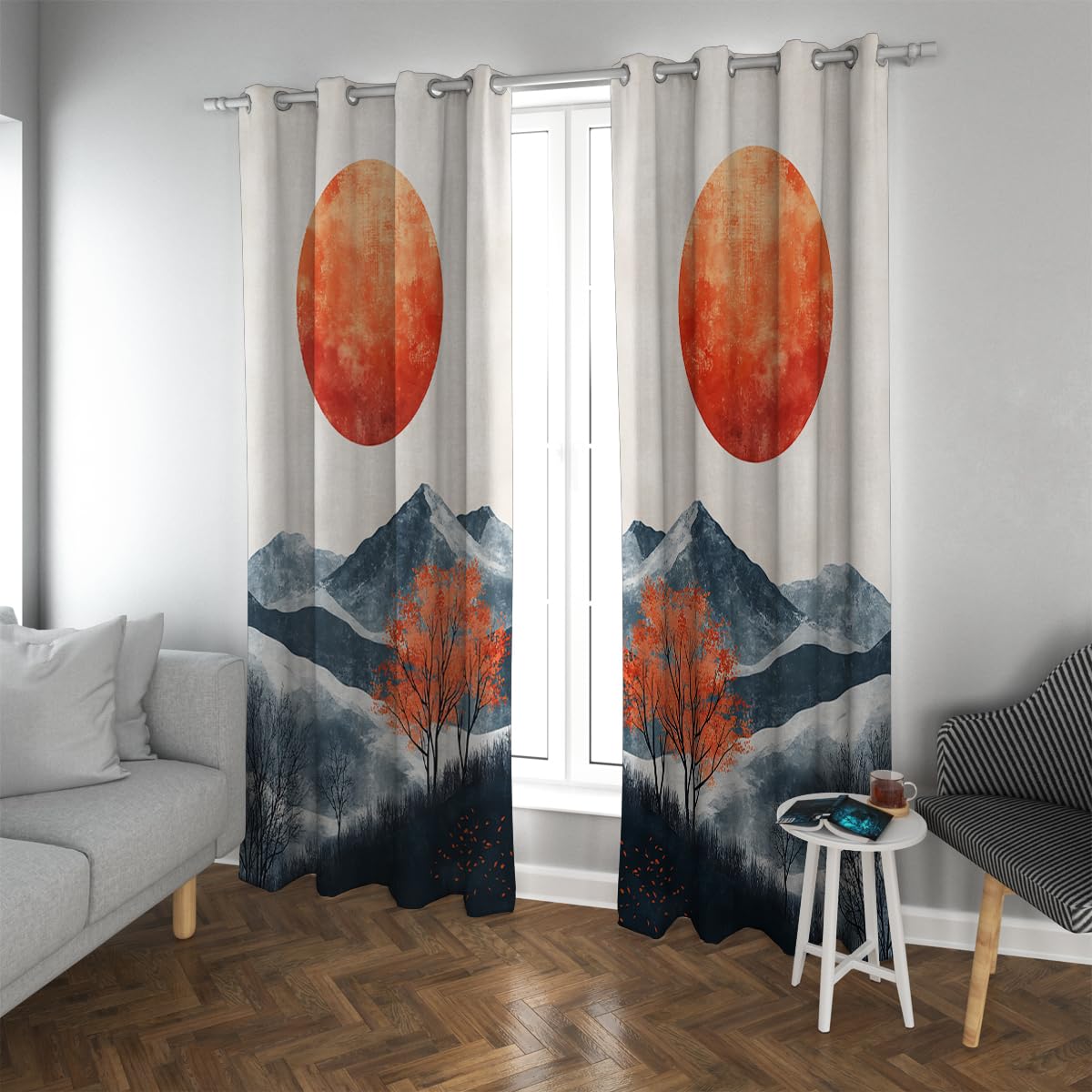 Rideaux à oeillets occultation douce motifs montagnes orange