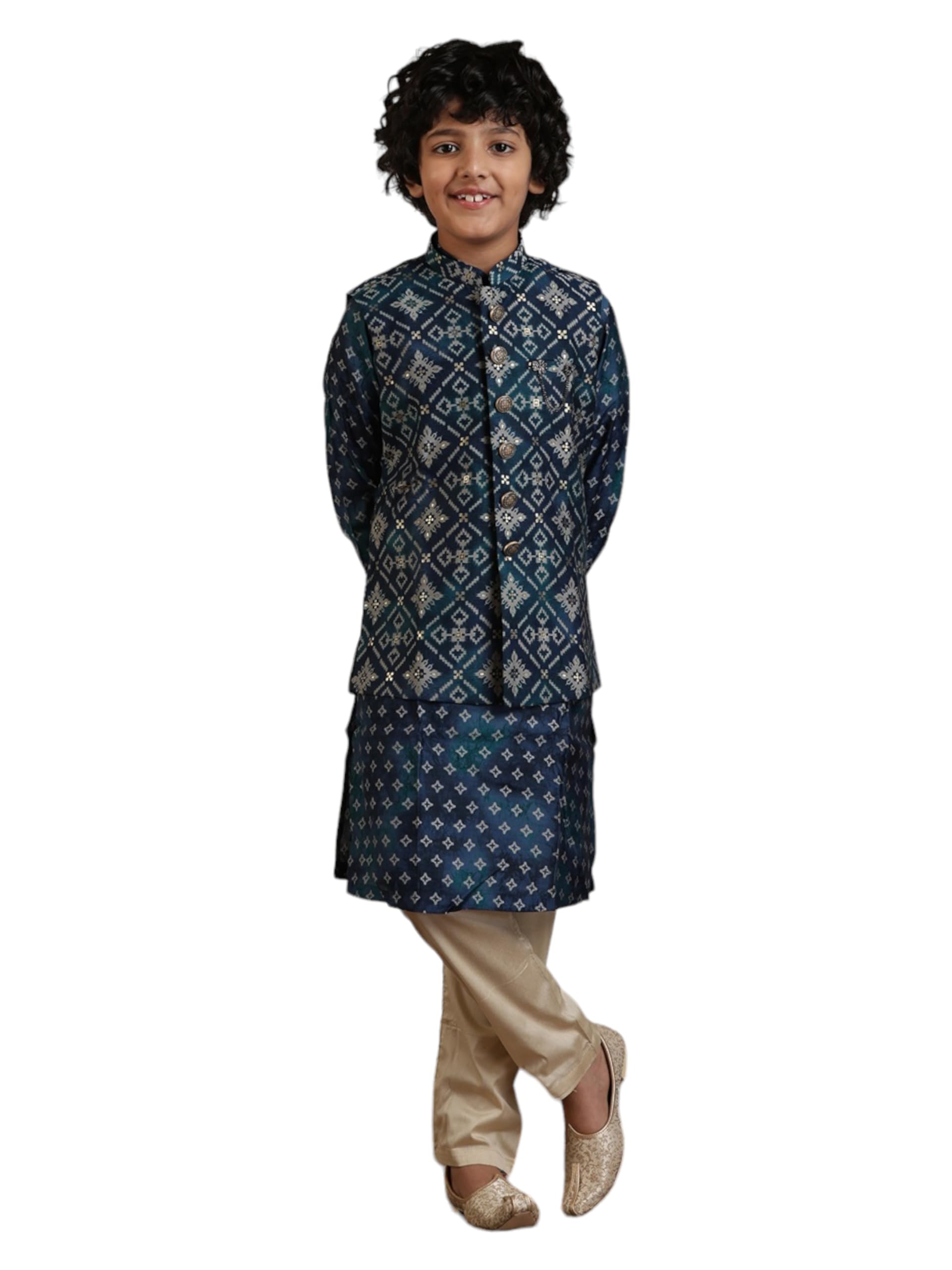 Manyavar Blended Viscose Foil Print Kurta Jacket Pyjama Set for Child(5-6 years)