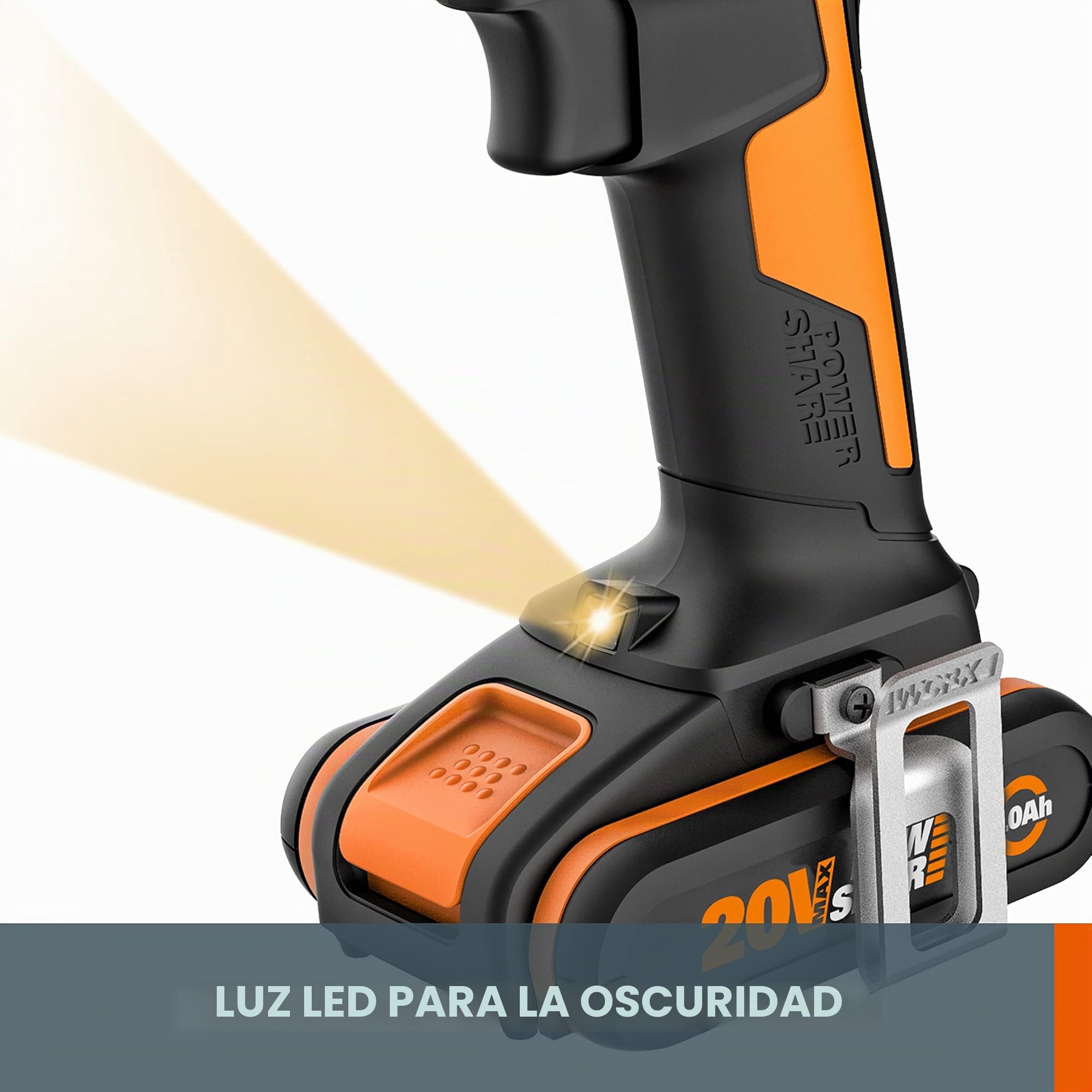 WORX - Taladro atornillador inalámbrico de 18 V (20 V máx.) WX100.3, PowerShare, par máximo 30 Nm, velocidad variable, luz LED, portabrocas sin llave de 10 mm, 2 baterías incluidas