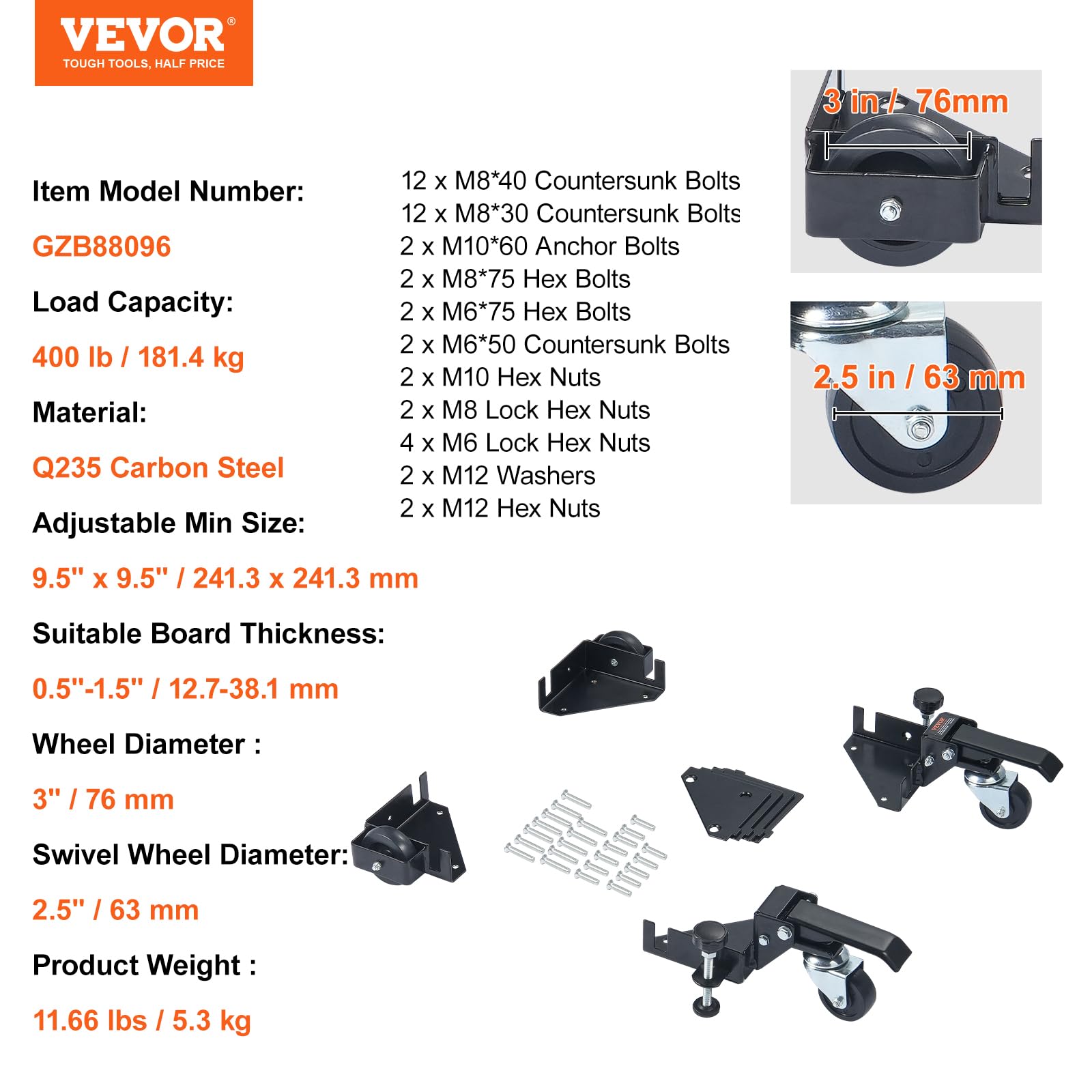 VEVOR Base Móvil de Capacidad de 181,4 kg Ajustable de 241,3x241,3mm hasta el Infinito Soporte de Base Móvil Universal Resistente con Ruedas Giratorias para Equipos de Carpintería, Muebles, Máquinas