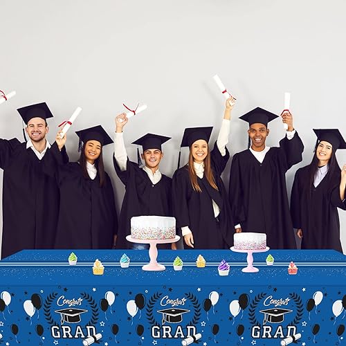 Miniatura 5 de Tevxj 3 manteles de plástico azul para fiesta de graduación, clase de 2023, rectangulares, 54 x 108 pulgadas, reutilizables, impermeables,