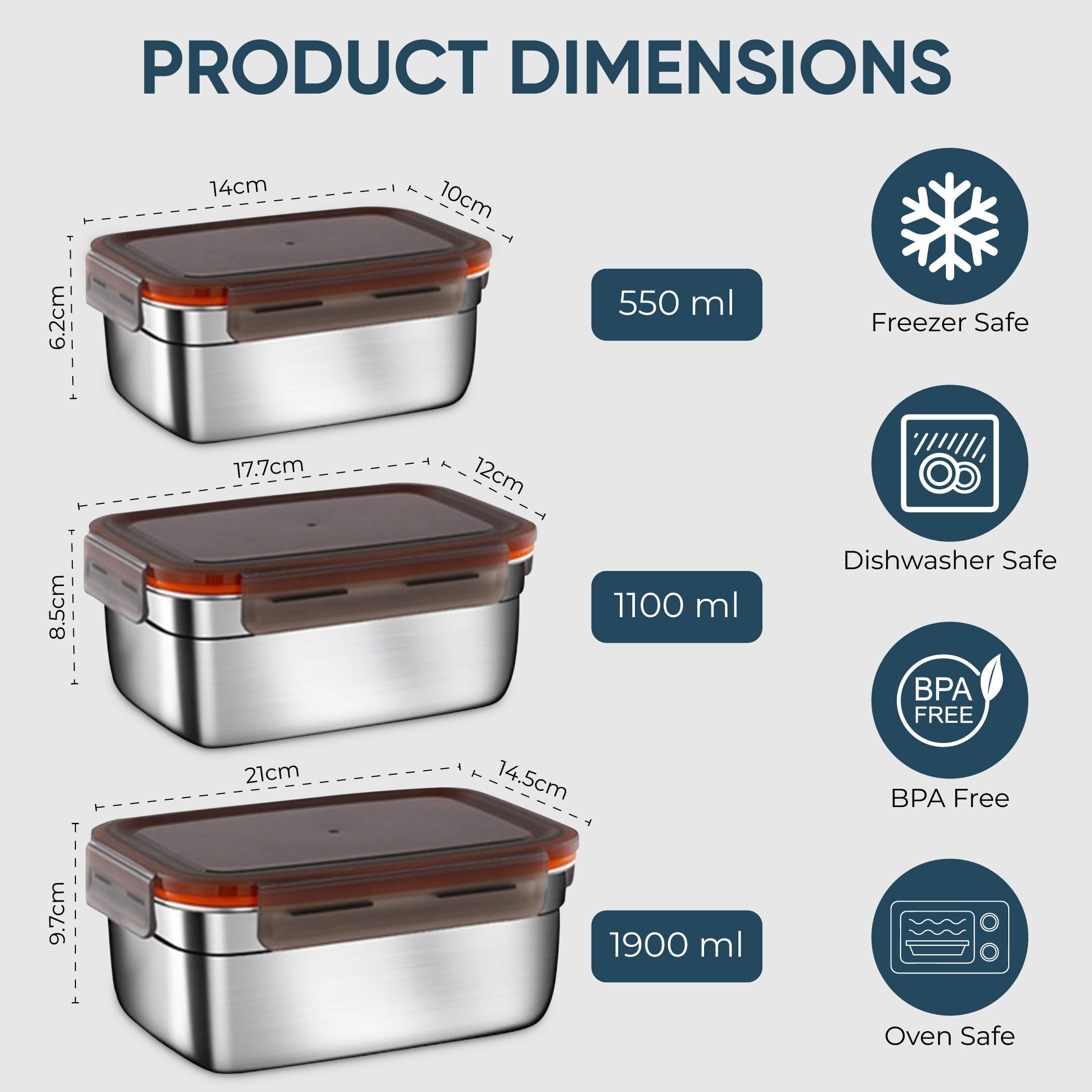 Set 3 Contenitori per Alimenti Ermetici in Acciaio Inox con Coperchio Salvafreschezza (550ml / 1100ml / 1900ml) – Microonde, Lavastoviglie, Freezer, Frigo – Senza BPA, A Prova di Perdite