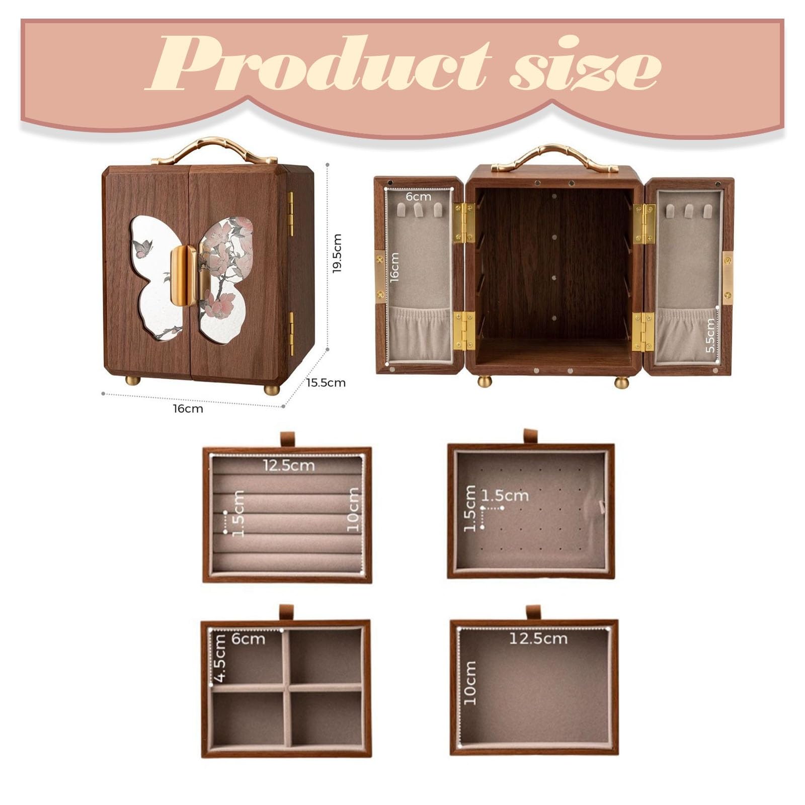 Pudełko na biżuterię w stylu vintage, 4-poziomowy organizer na biżuterię, na naszyjniki, kolczyki, pierścionki, wielofunkcyjny drewniany schowek z klapką do dekoracji domu
