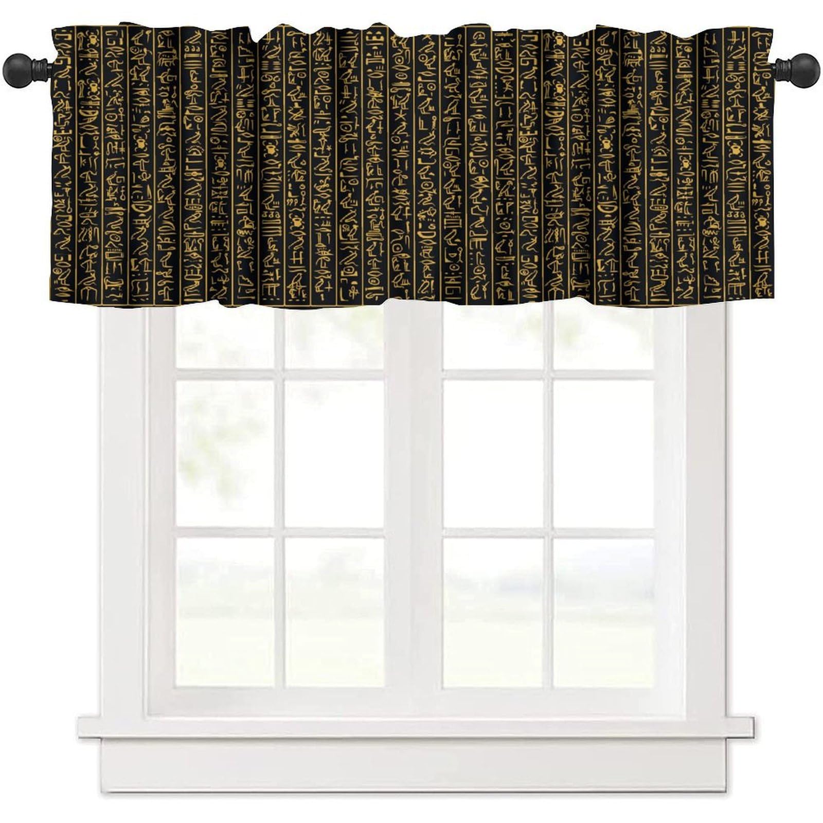moderw Vintage Ancient Egypt Valance Curtains, Old Egypt Golden Hieroglyphics Print African Pharaoh Theme Ethnic Religion Window Valance Curtain for Farmhouse Bedroom Living Room Kitchen 54x18inch