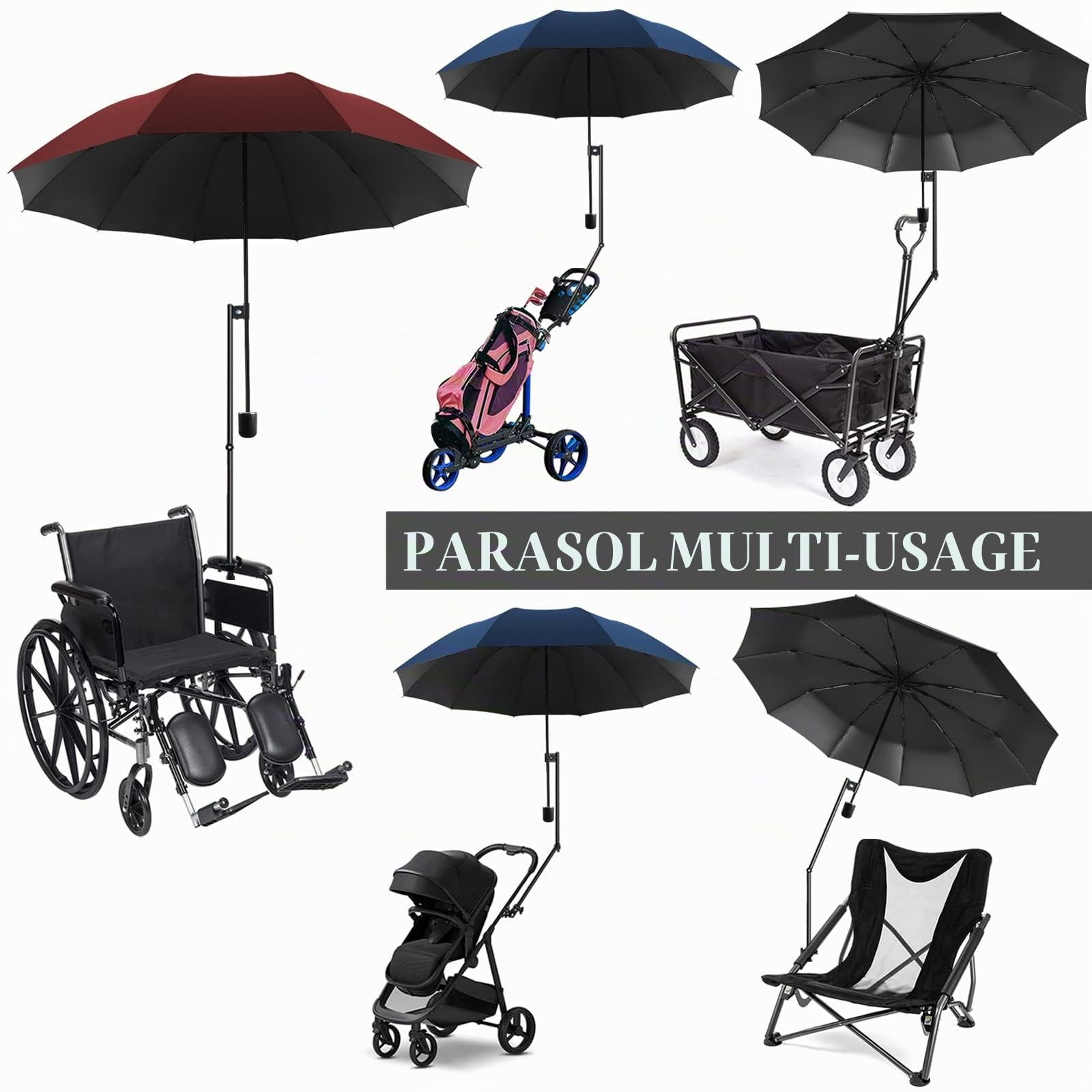UPF 50+parapluie réglable parapluie de golf avec pince universelle réglable pour chaises, sacs de golf, poussettes, fauteuil roulant, patio, parapluies portables, ouverture manuelle et