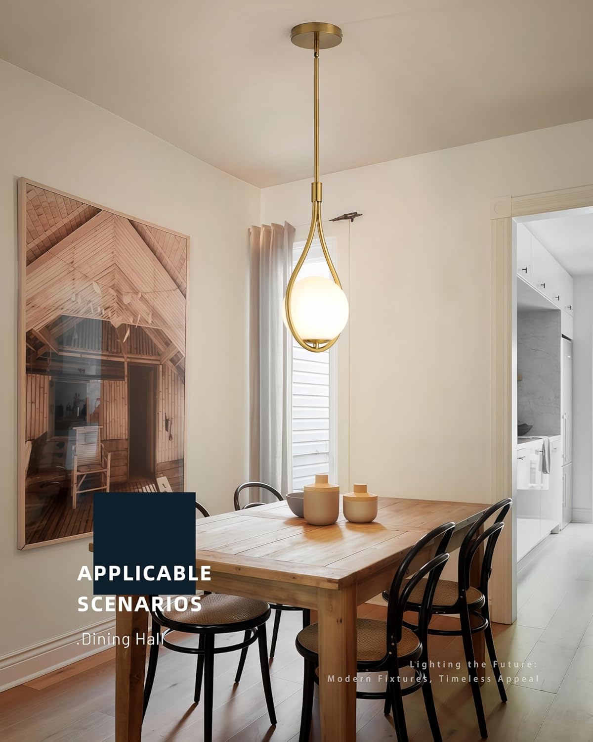 Gold Pendant Lights, 1-Light Pendant Lights Kitchen Island in Brushed Gold Finish with Milky White Globe Glass, Mid Century Pendant Light Fixtures