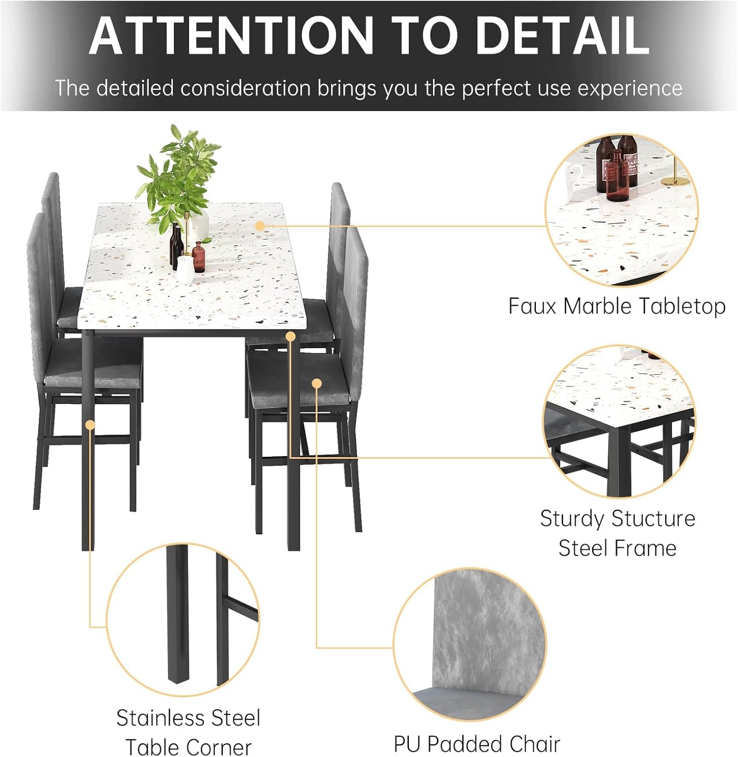 AWQM 5 Piece Dining Table Set for 4,Faux Marble Kitchen Table and Chairs for 4, Modern Dining Room Table with 4 Chairs,Dinner Table Set for Small Spaces, Grey