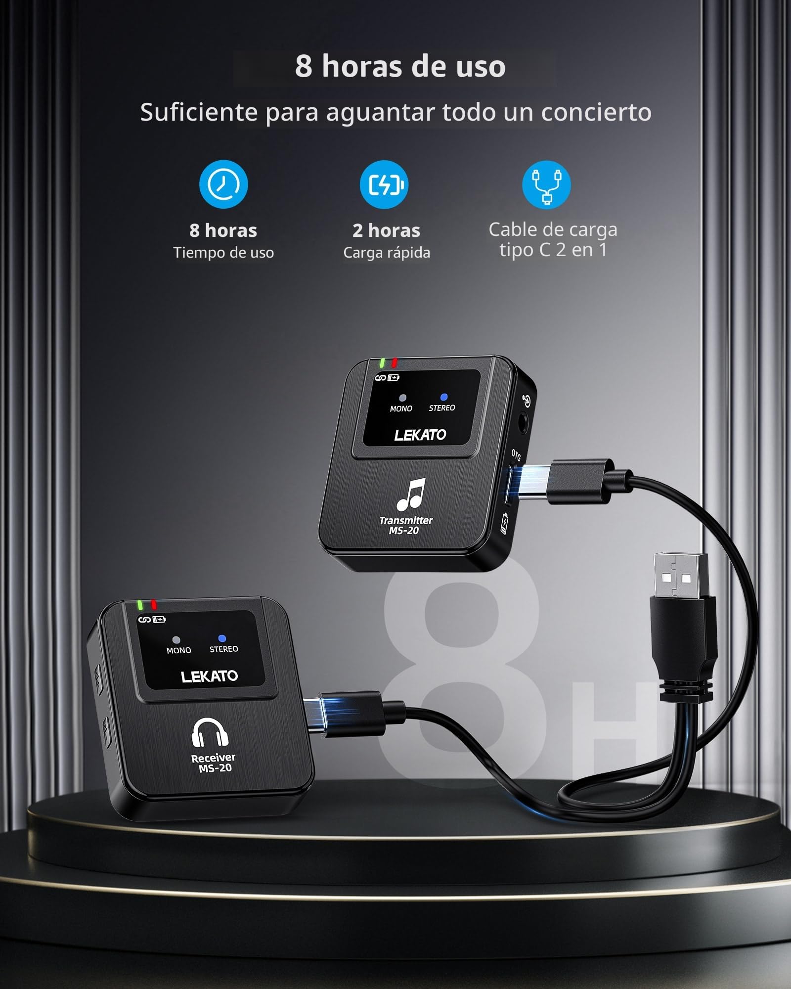 Lekato Sistema de monitoreo inalámbrico profesional 2.4G estéreo IEM con transmisor y receptor, OTG, adecuado para muestras de cinta, actuaciones en directo (1TX+1RX)