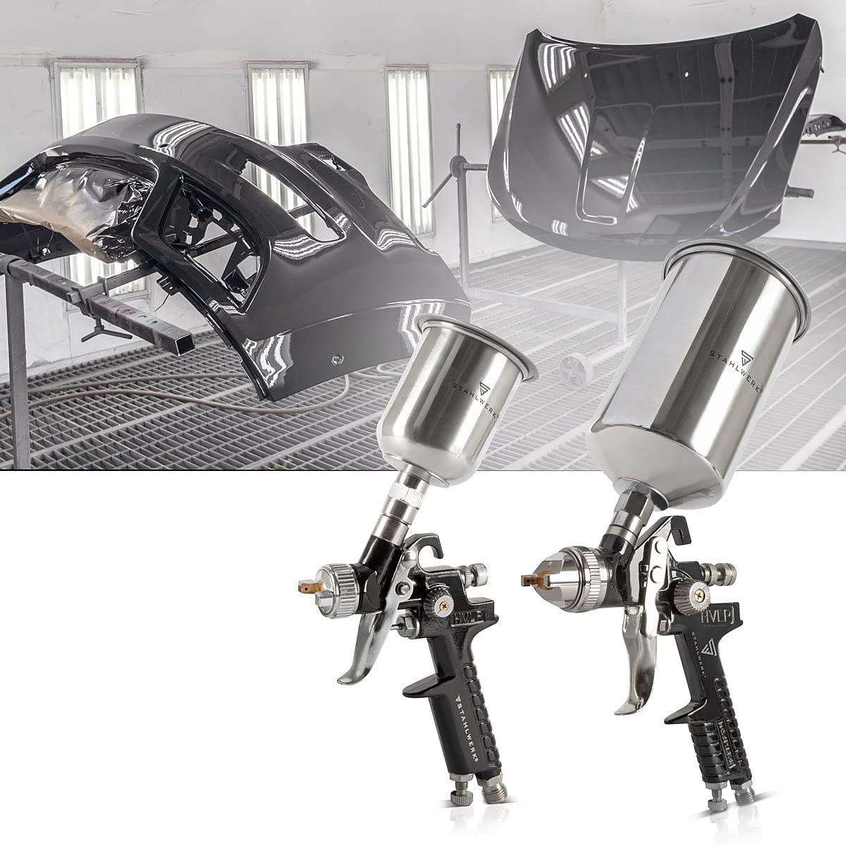 STAHLWERK HVLP Lackierpistolen Set SGS-1125 ST 21 Teile mit 3 Druckluft Lackierpistolen, 0,8/1,4/1,7 mm Düsensatz, Lackierpistolen-Halter (3 Lackierpistolen Set)
