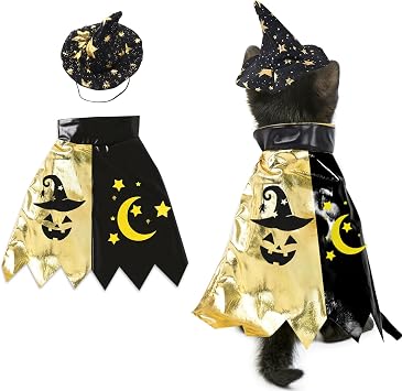 1 Set Pet Halloween Costume, Black Golden Star Wizard Cat Costume Hat Cape, Cat Pumpkin Clothes for Dog Cosplay, Adjustable Pet Outfit Decor for Cats Halloween Party Pets Cosplay Accessories