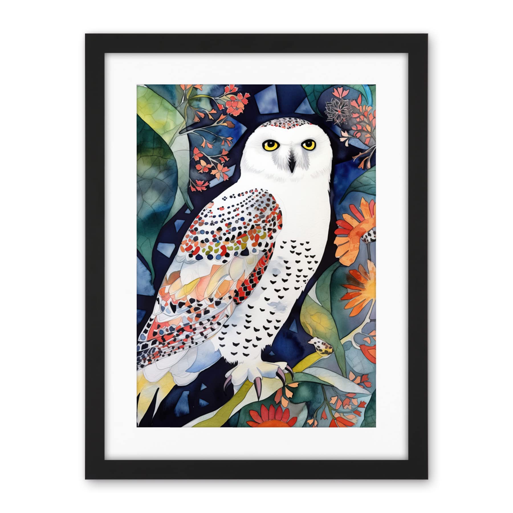 Artery8 Snowy Owl On Blooming Tree Folk Art Artwork Framed Wall Art Print 18X24 Inch