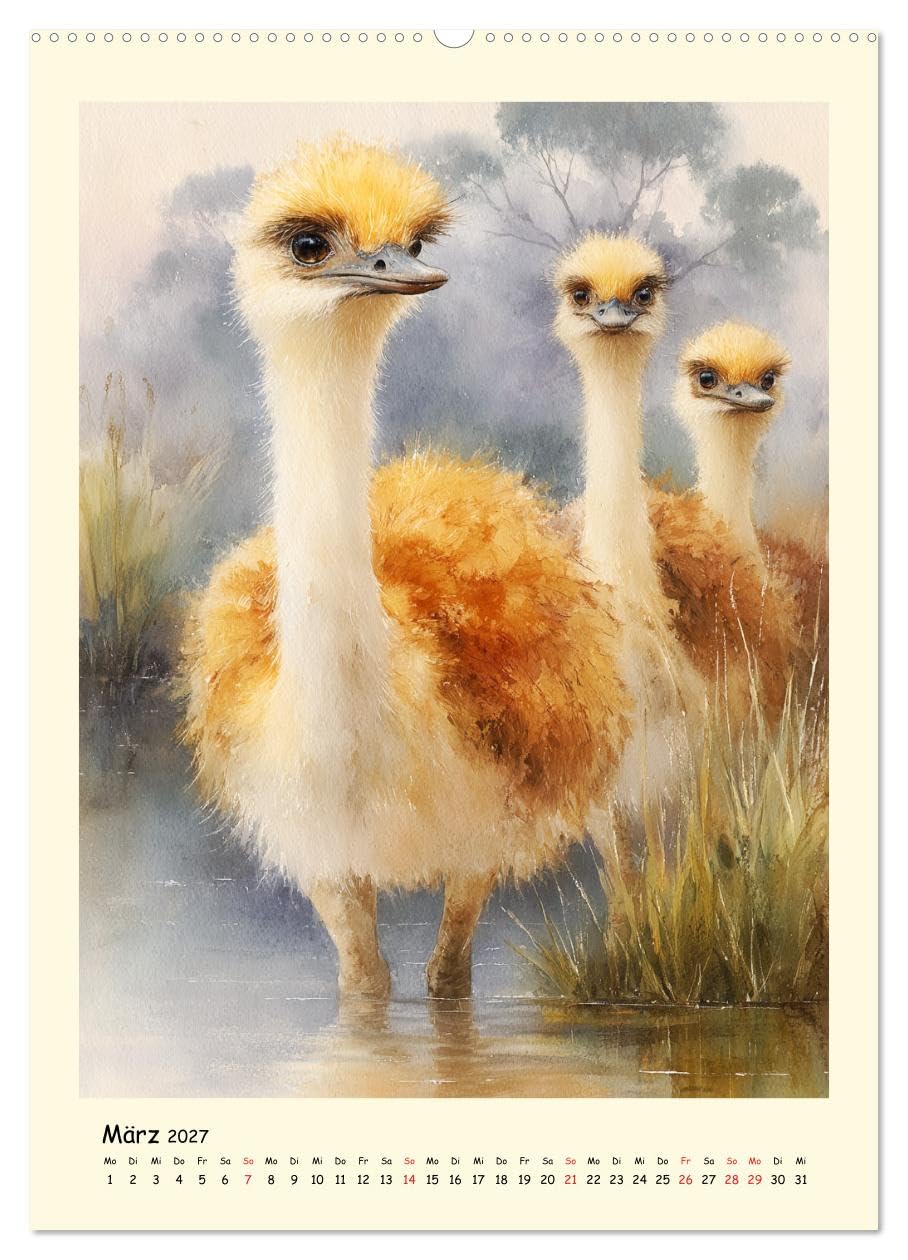 Strauße. Afrikas große Laufvögel in Aquarelloptik (Wandkalender 2027 DIN A2 hoch), CALVENDO Monatskalender: Die majestätische Ruhe und dynamische ... in schönen Illustrationen (CALVENDO Tiere)