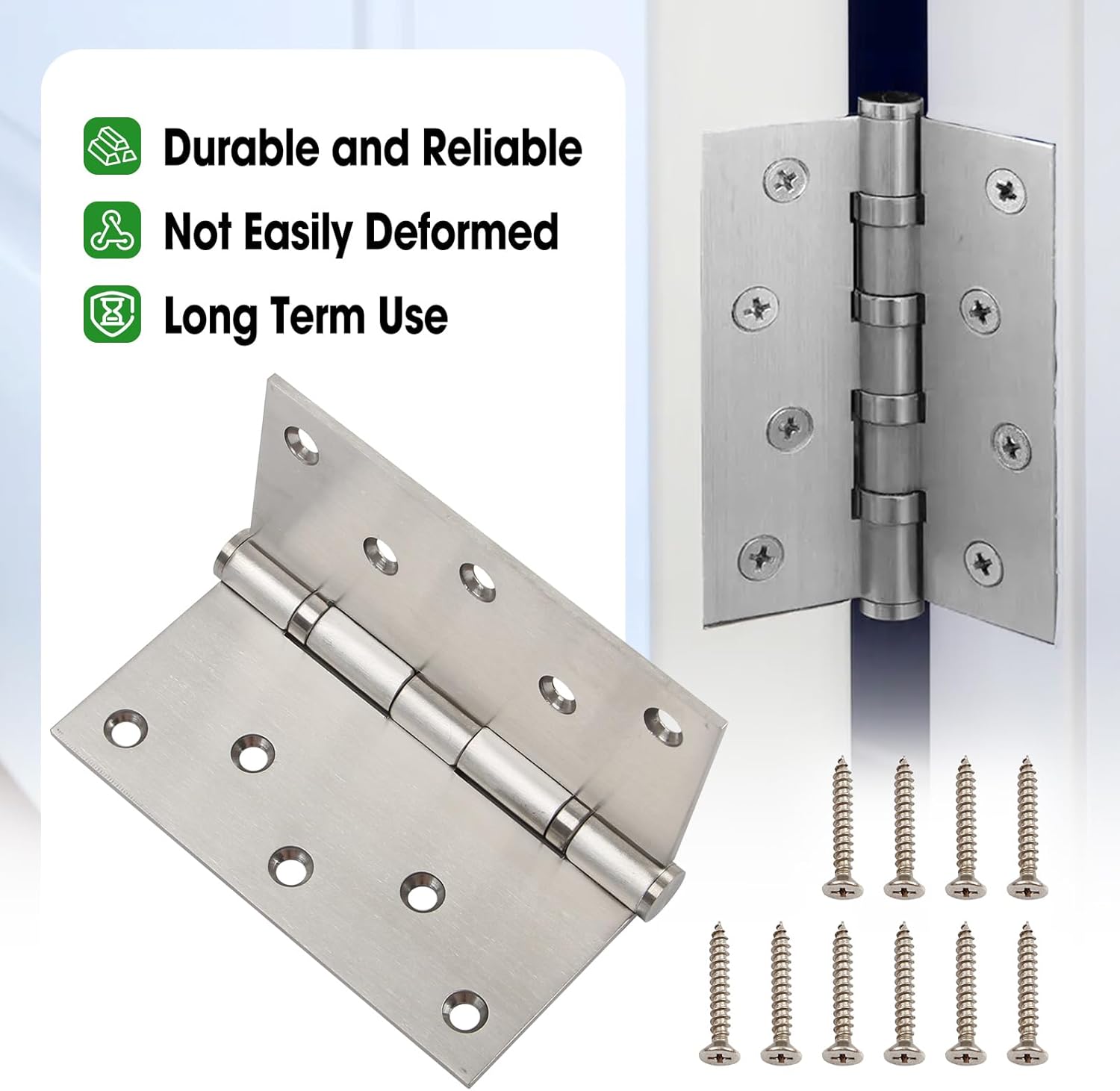 5 Inch Heavy Duty Door Hinges Max Load 220 lbs, 5" x 5" Stainless Steel Hinges Ball Bearing with Square Corners for Indoor and Outdoor Doors, 4 Pcs Silver with 40 Screws