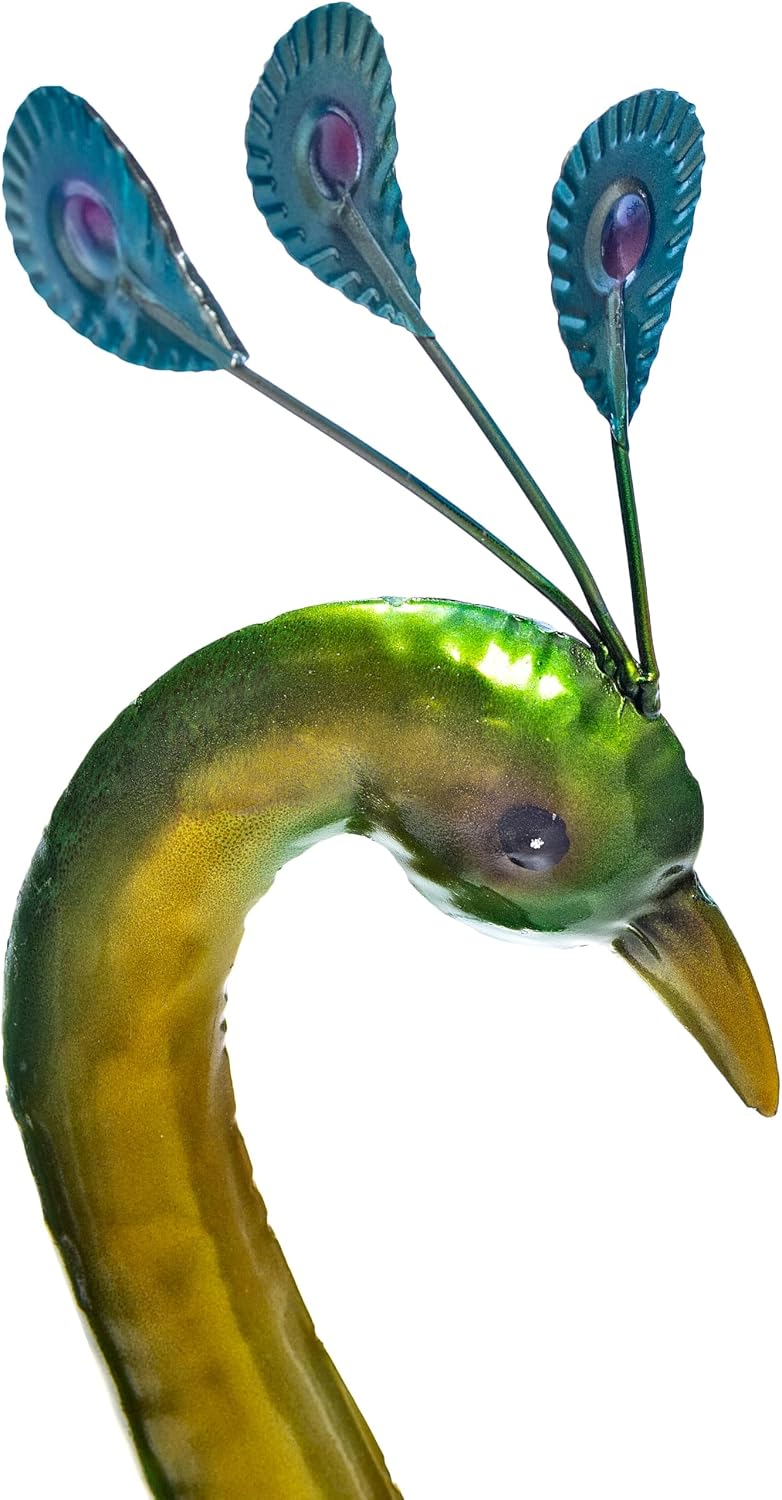 Wind & Weather 36-Inch Tall Colorful Indoor/Outdoor Standing Metal Peacock Sculpture with Delicate Body Feathers and a 46-Inch Wide Tail Plumage Spread