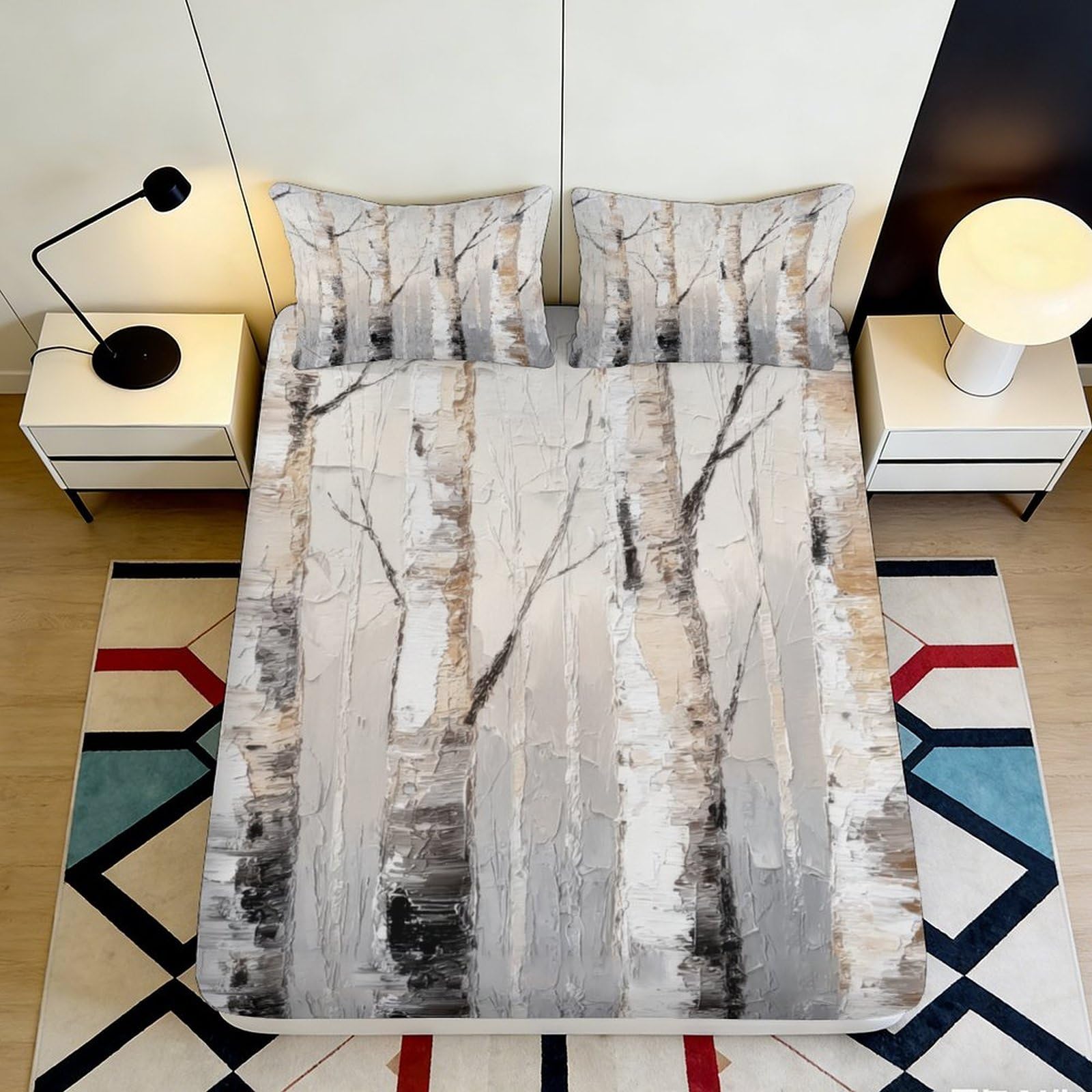 3D Printed Birch Tree Fitted Sheet Microfiber Soft Durable Aspen Mattress Cover for Bedroom Dormitory Guest Room Protection and Decoration 160x200x25cm