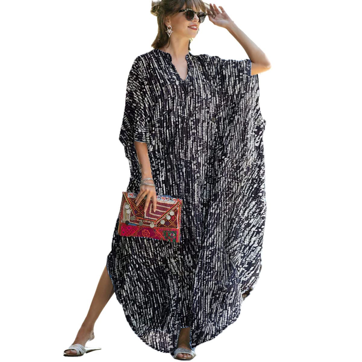 Snyemio Kaftan Vestido Largo de Playa Mujer Maxi Pareo Floral Verano Túnica Boho Talla Grande Kimono