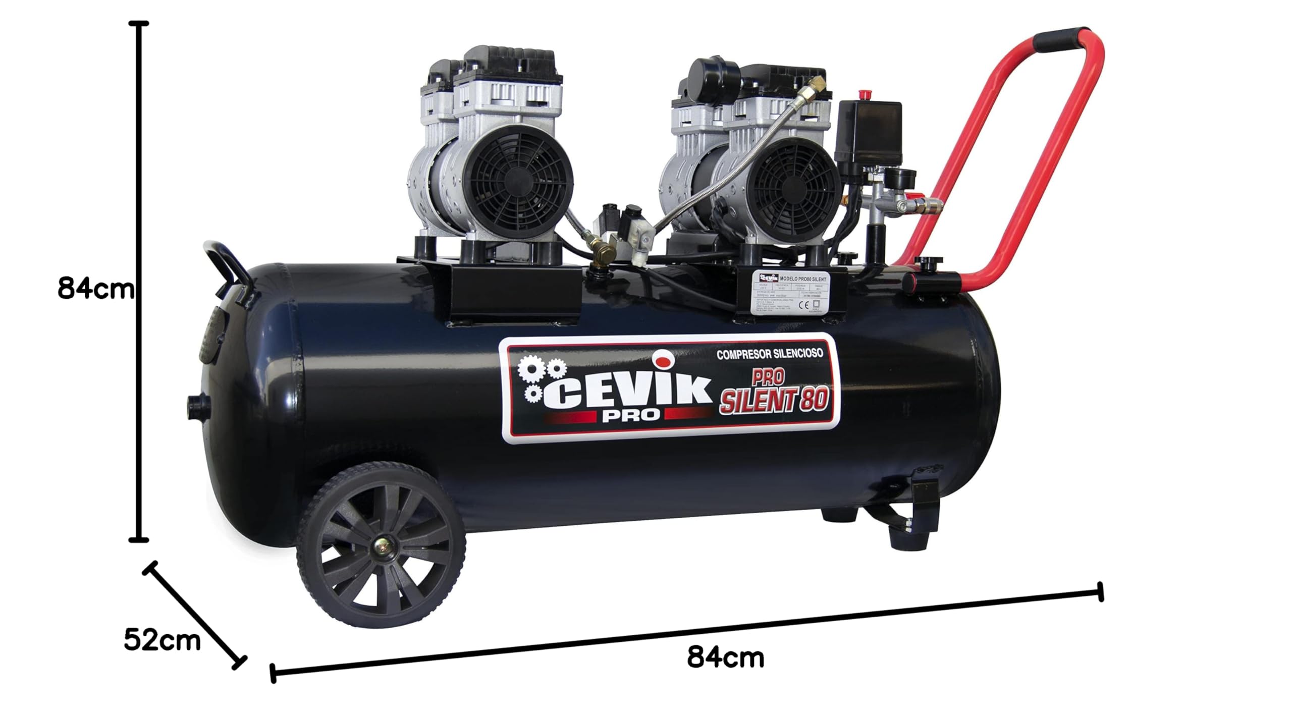 CEVIK PRO - CA-PRO104SILENT - Compresor Aire Silencioso - 68 dB - 100 litros - 4HP - Máx 9 Bar - 493 l/min - Sin Aceite - Dos Salidas de Aire - Compacto y Portátil - Compresor de Pintura y Neumática