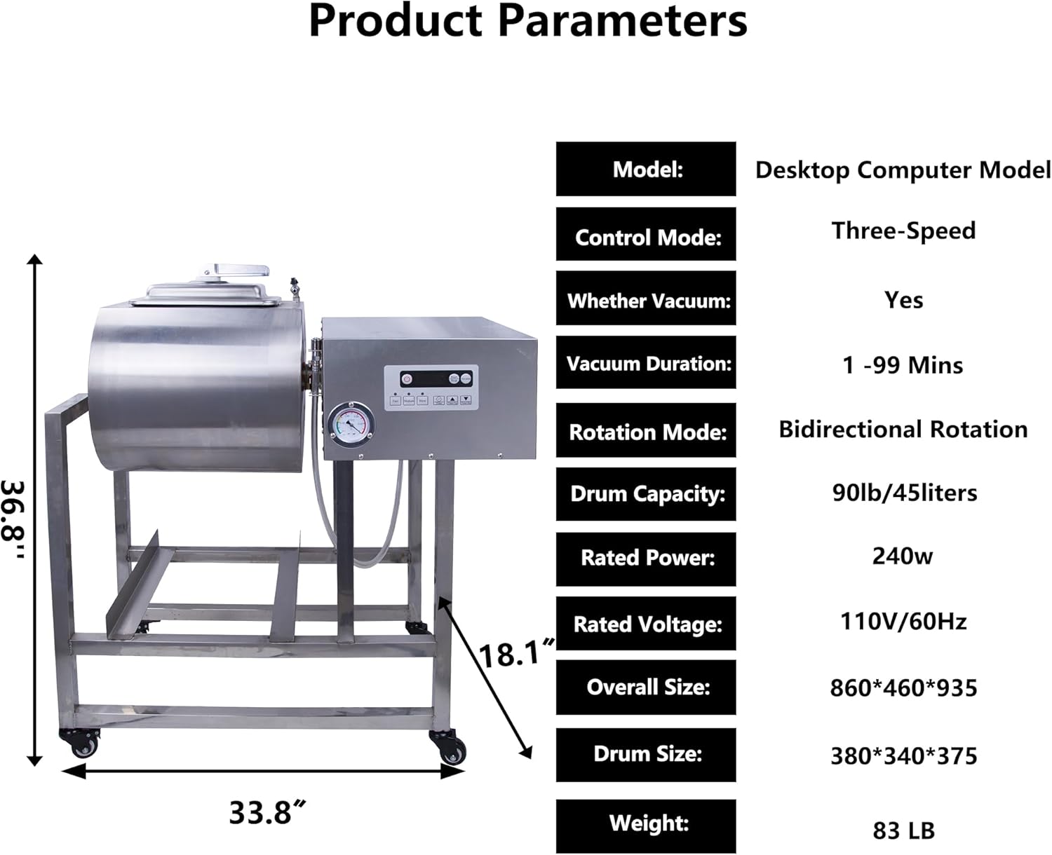 Hakka 45L Commercial Meat Tumbler Marinator, Large Capacity 90lb Vacuum Curing Machine with Movable Wheels Stainless Steel Tumbling Marinator for Quick Marinating Jerky Sausage Bacon