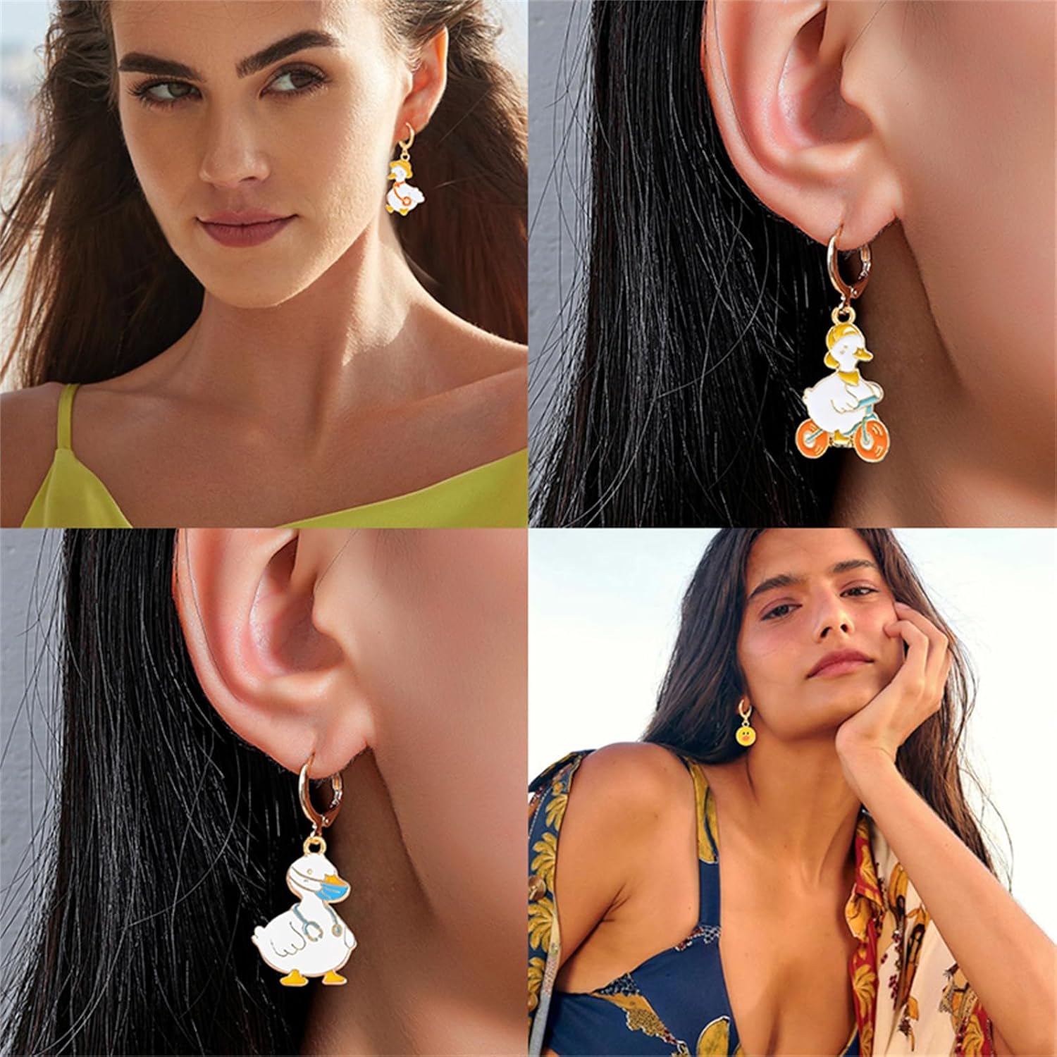 Cute Duck Dangle Earring Set for Women 6 Pairs Dainty Gold Plated Yellow White Enamel Hoop Earrings Funny Cartoon Animal Design Fashion Jewelry Gifts - Image 2