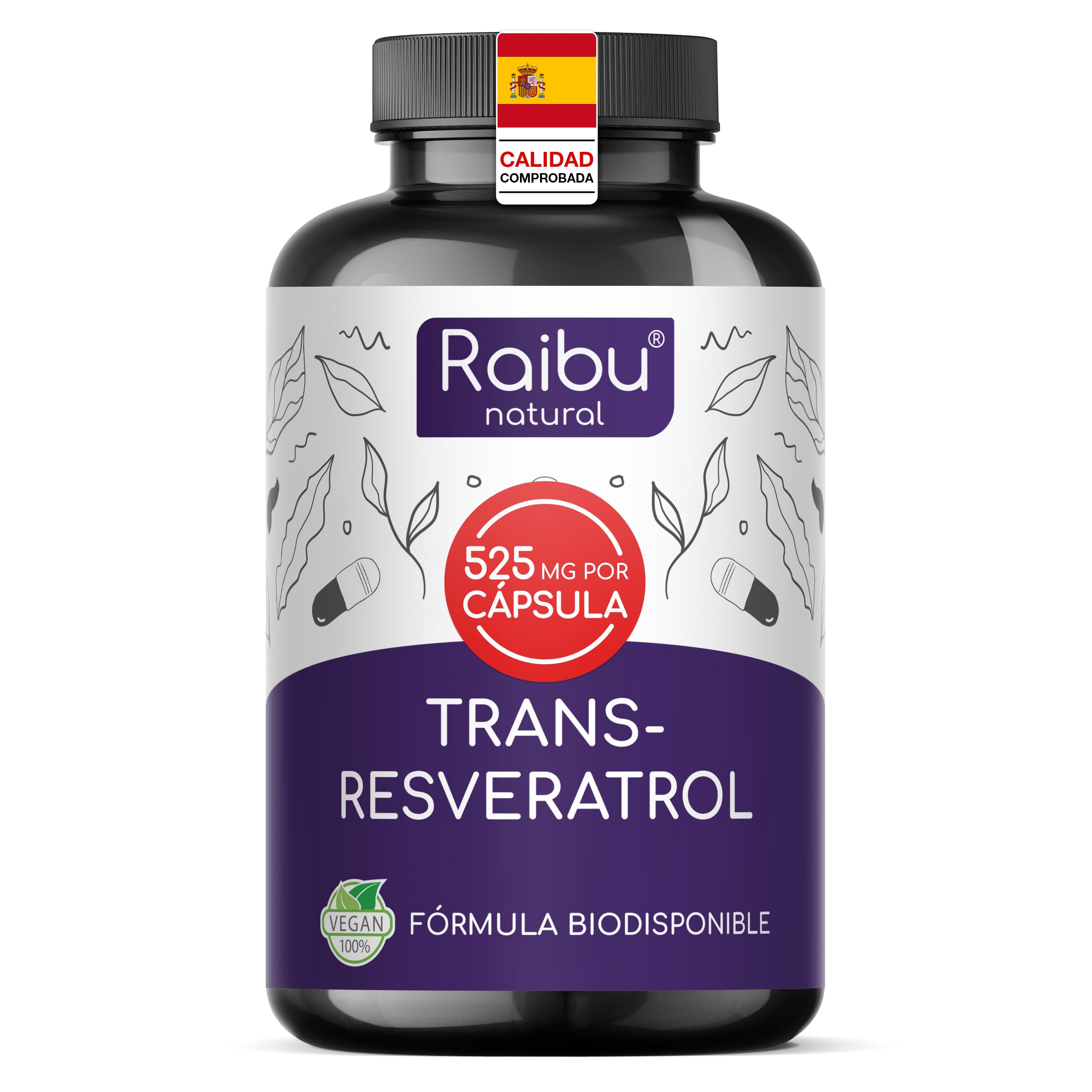Resveratrol Alto en Dosis - 525 mg de Trans Resveratrol por Cápsula (de un 98% de Fallopia Japonica) - Máxima Absorción con Piperina - Vegano, Sin Aditivos - Antioxidante & Antiedad, 60 Cápsulas