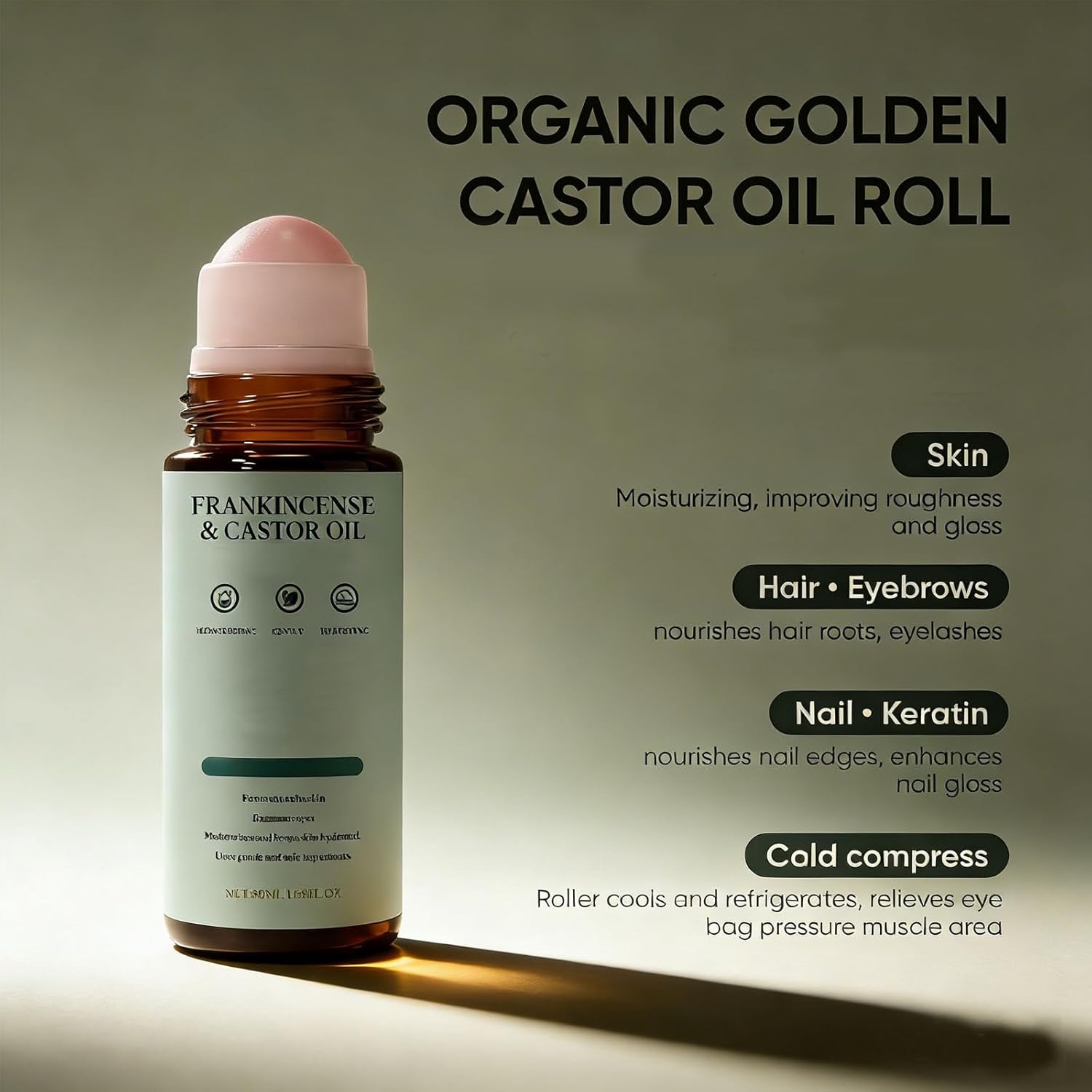 2PCS Frankincense and Castor Oil Roll On with Rose Quartz Roller - Organic Cold-Pressed Oil for Skin Care - Moisturizing Roll-On for Face & Neck - 50ML / 1.7OZ - Image 2