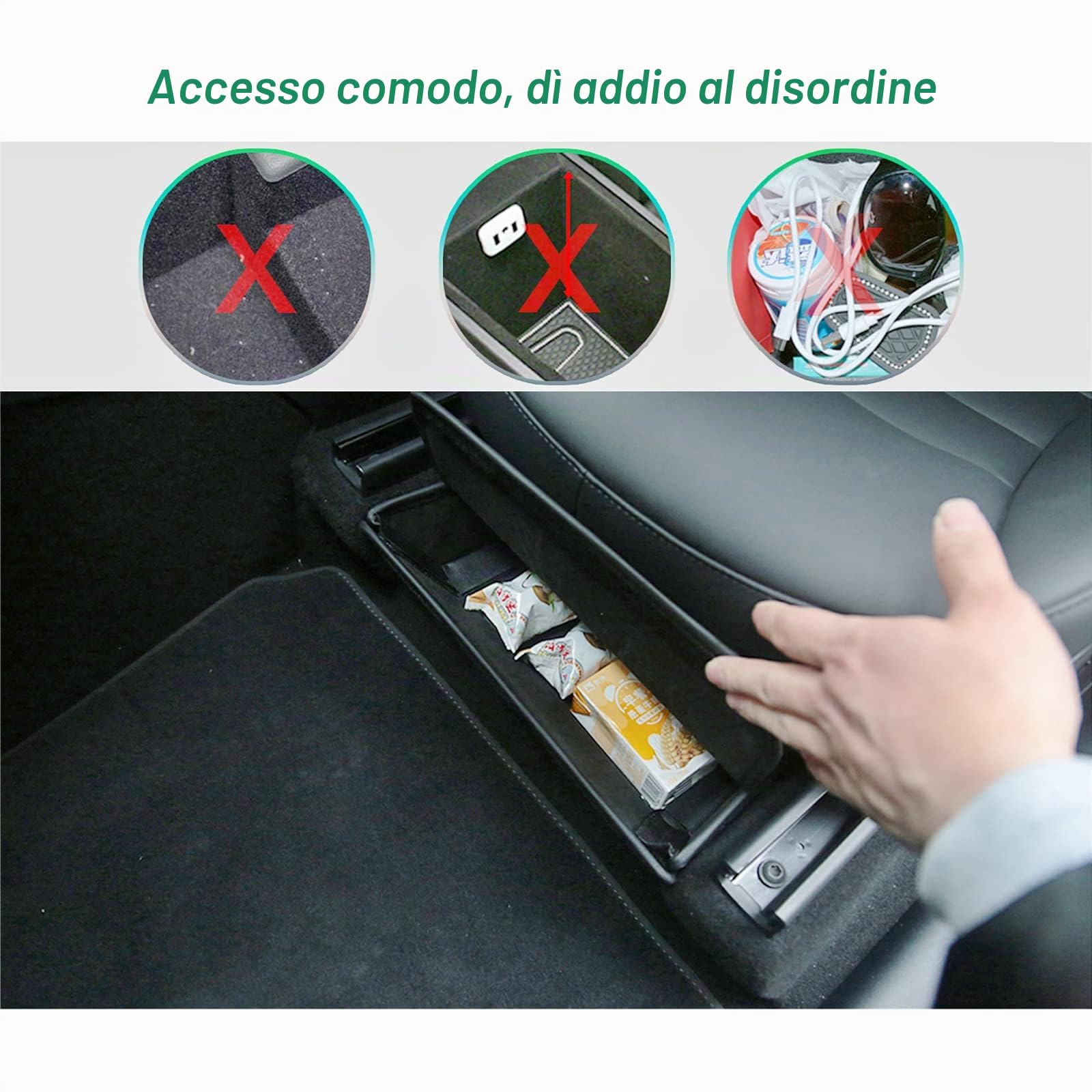 GAFAT Tesla Model Y 2021-2024 Elegante Organizer per Console Centrale Sotto il Sedile, Model Y 2024 Scatola Portaoggetti Interno in Pelle PU e adesivo magico, Guidatore e Passeggero