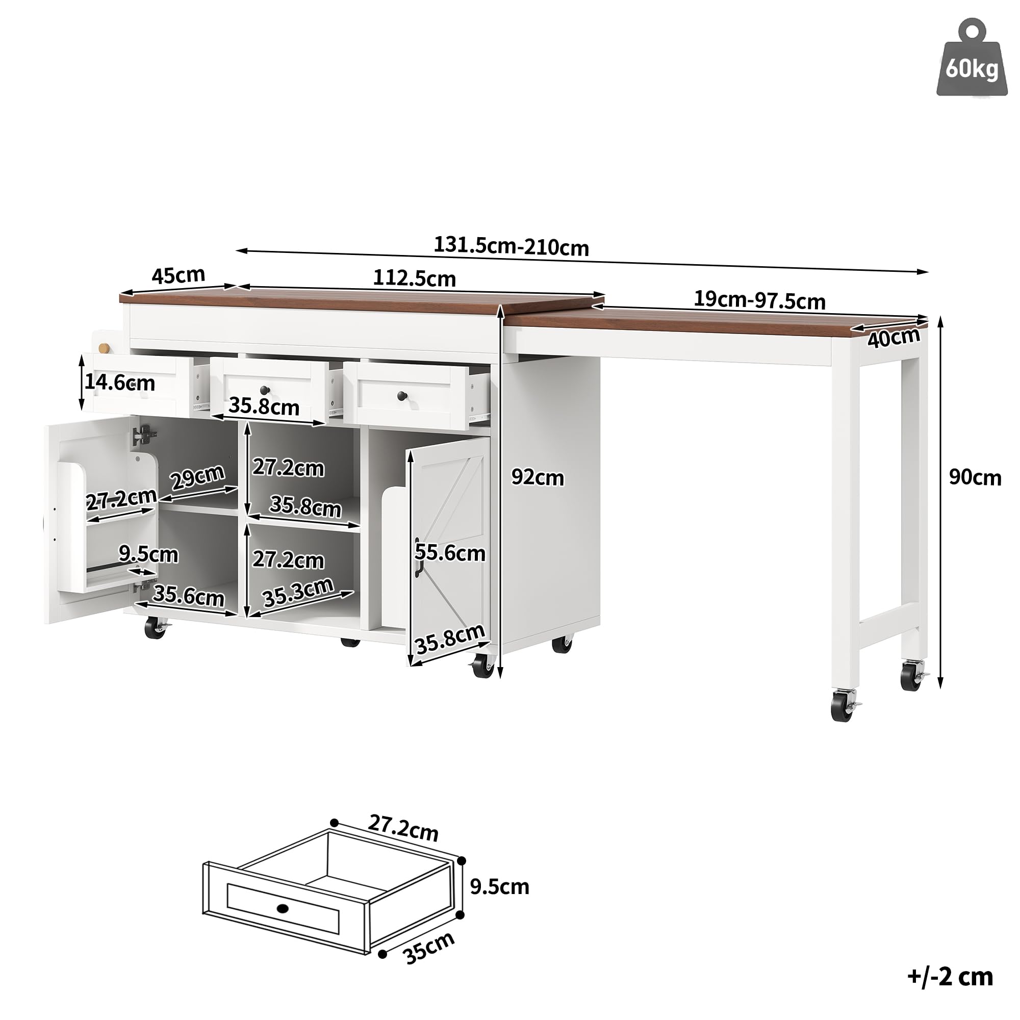 Îlot de Cuisine avec Rangement et Plan de Travail Extensible (131.5-210 cm) - Îlot Central Cuisine Table Bar/Îlot Central Mobile avec Tiroirs et Placards pour Petite Cuisine