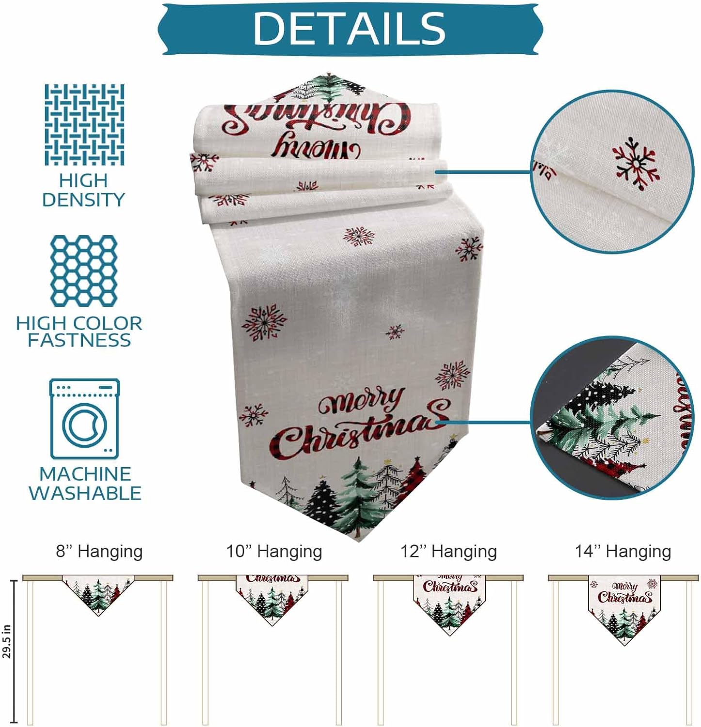 Christmas Table Runner 13x108 Inches Long Cotton Linen Tablerunner, Burlap Table Setting Decor Farmhouse Tabletop Dresser Scarves for Kitchen Dinner Party Rustic Pine Tree Red Green Plaid Dot