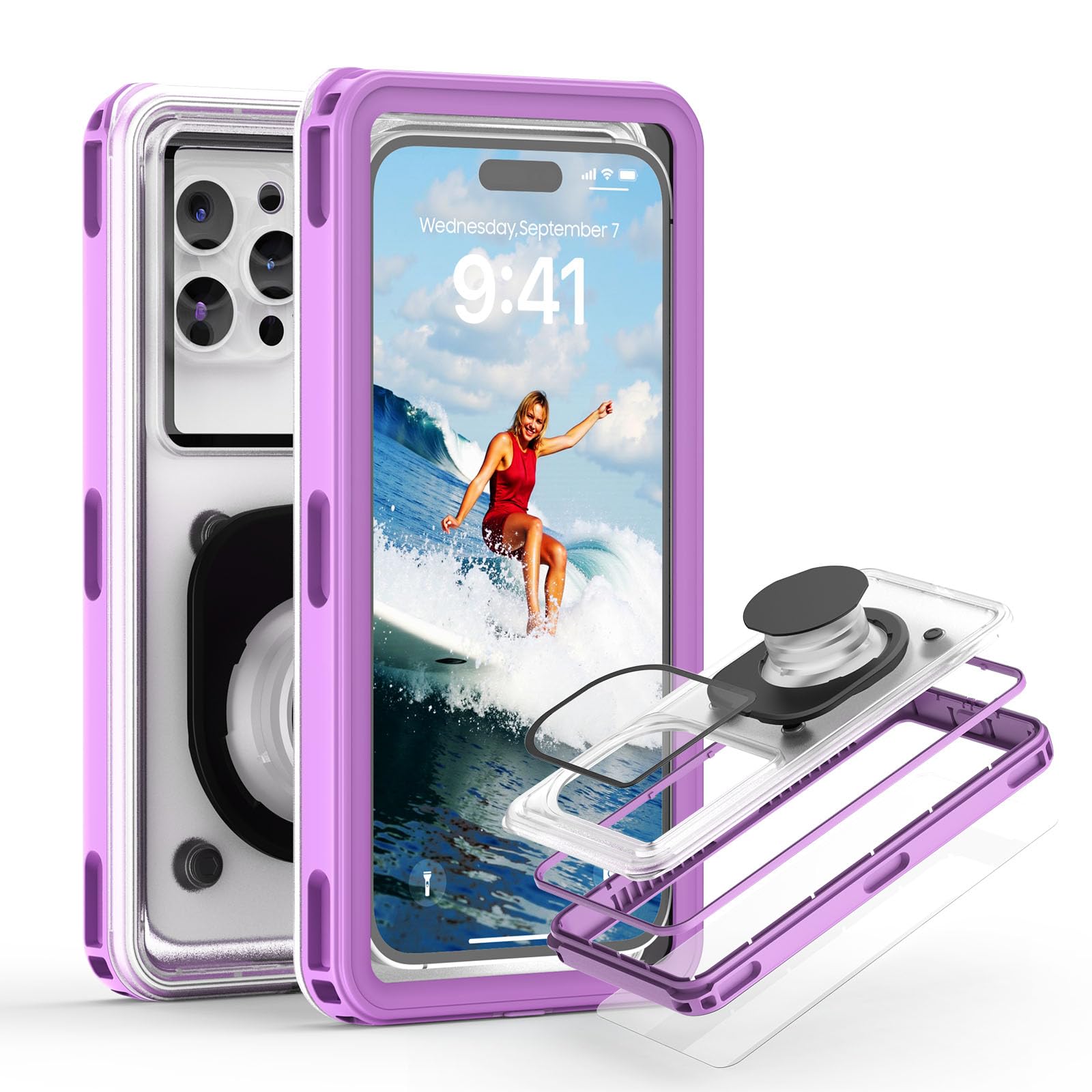 YIMONA Custodia impermeabile IPX8 per telefono – Borsa impermeabile da 17,5 cm per nuoto con cordino viola