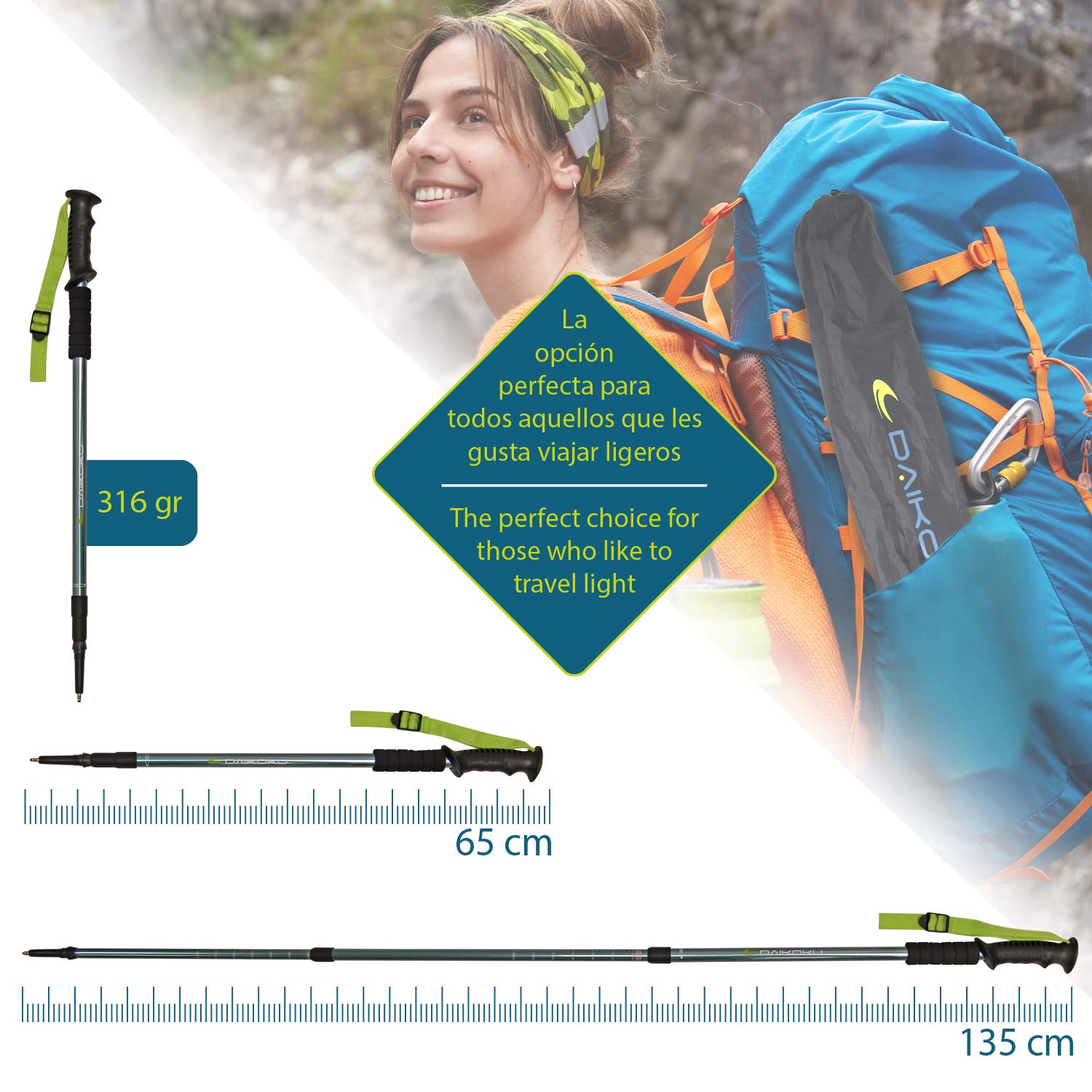 Daikoku - Bastoni da Trekking Estensibili 65-135cm | Leggeri e Resistenti in Alluminio | Impugnatura Ergonomica | Adatti a Tutti i Terreni con 6 Punte e Zaino Trail | Montagna, Trekking e Camminata