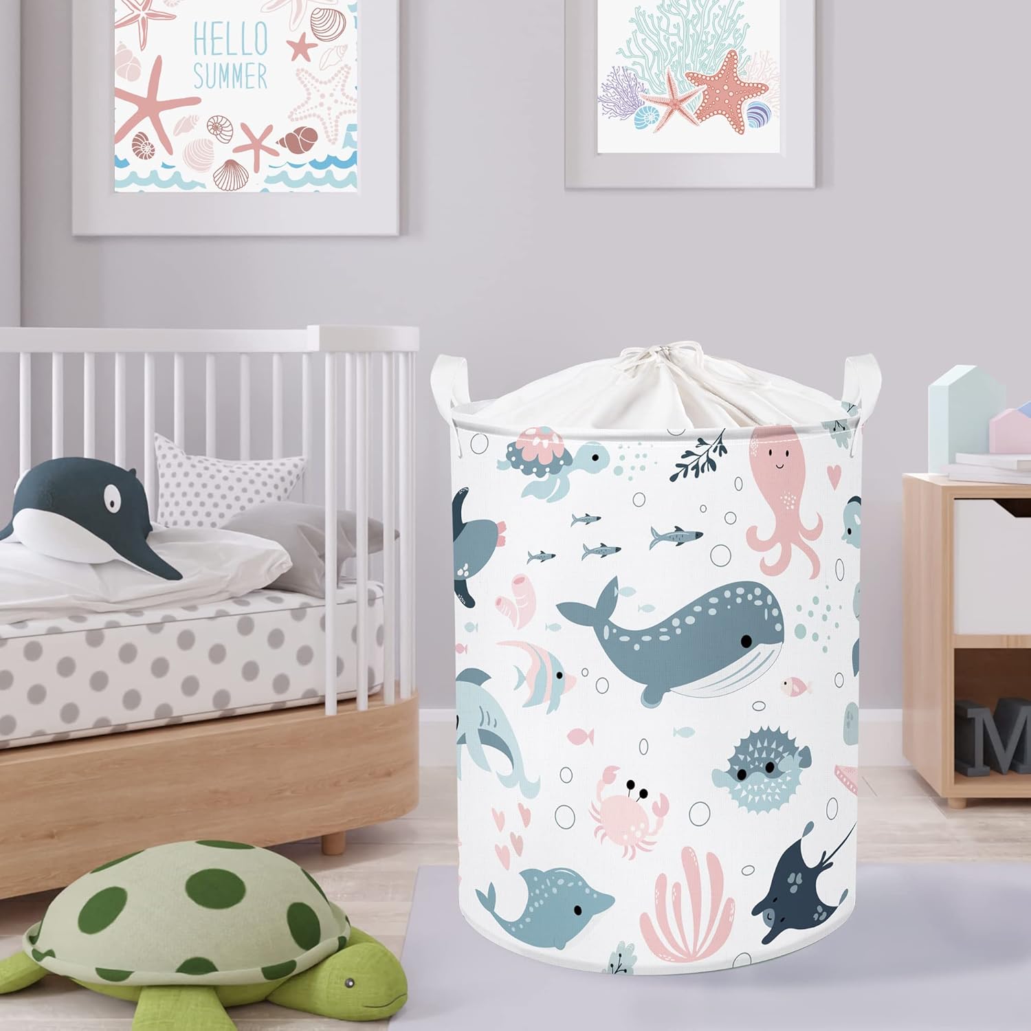 Clastyle Marine Animals Bubbles Kid Laundry Basket with Lid Foldable Sea Shark Dirty Clothes Hamper Round Toy Clothes Pool Beach Towel Basket, Pink Mermaid, 36 * 45 cm