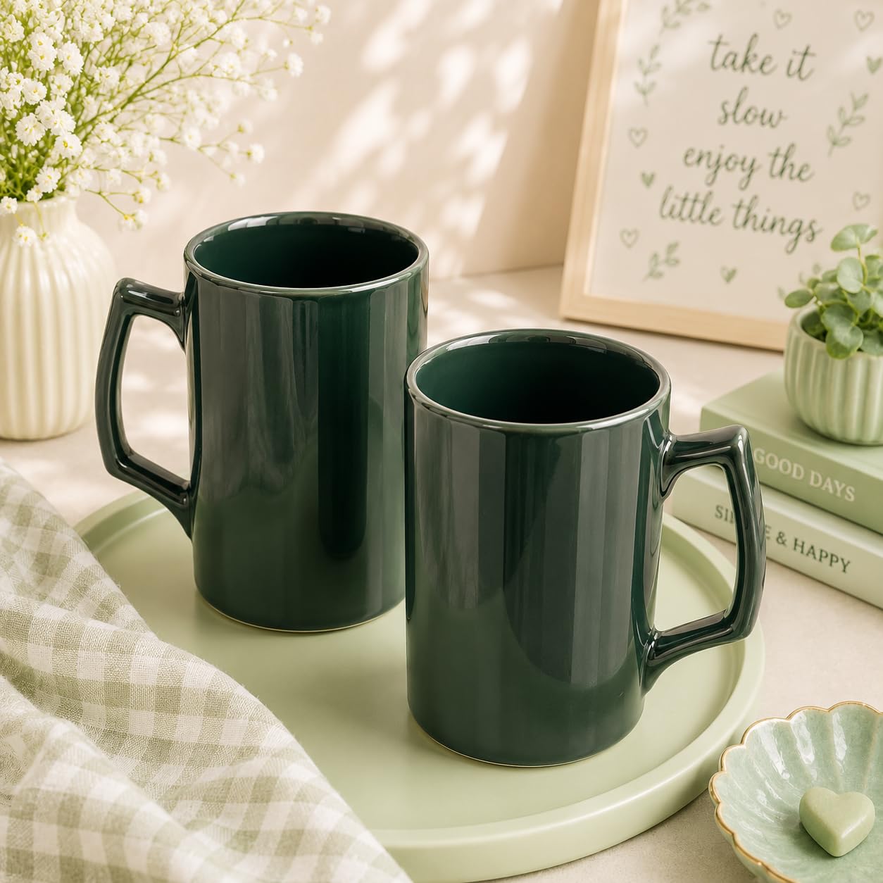 Athena Home Dark Green Ceramic Mug Set of 2, 500 ml | Ceramic Material, Dark Green, 500 ml Capacity, Set of 2-image-29