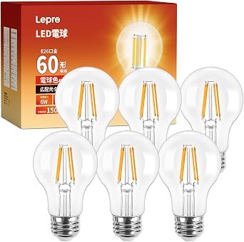E26Lepro LED Light Bulbs, E26 LED, 60W, 6-Pack, Warm White, 2700K, Clear Type, Non-Dimmable, 800 Lumens, Stylish, Energy Saving, PSE Certified, Suitable for Ceiling, Pendant, Stand, Bracket