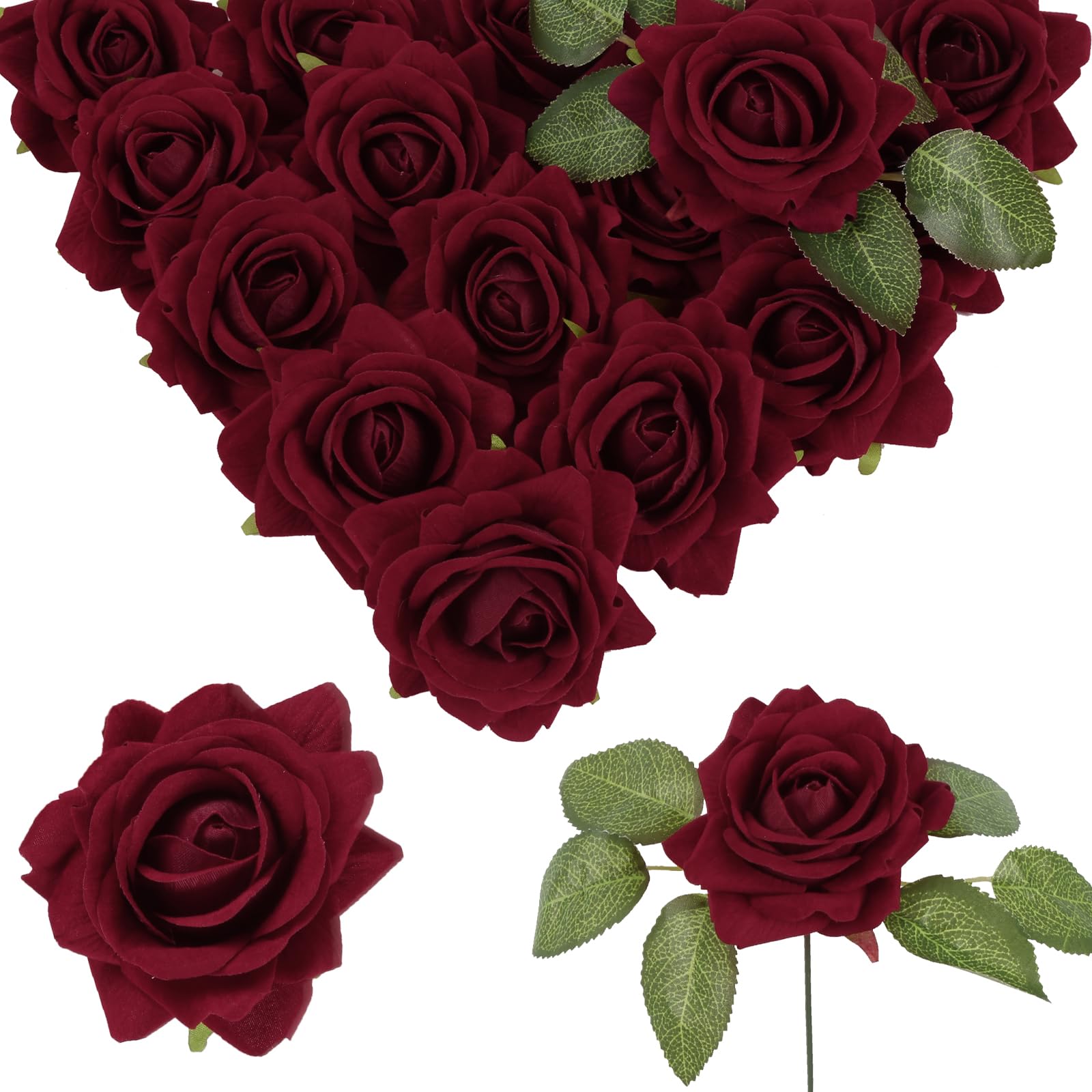INSUNSIX Burgundy Roses 16pcs Velvet Artificial Roses Maroon Flowers 3.15" Silk Roses for Bridal Bouquet Wedding Flowers for Floral Centerpieces Home