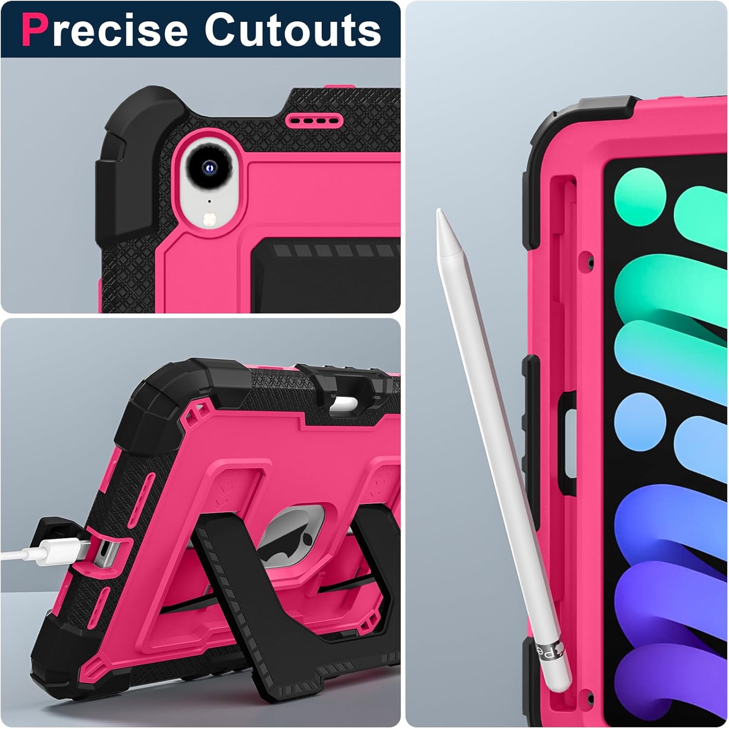 Kids Case Compatible with iPad mini 7 A17 pro 2024 Mini 6 8.3”,Colorful Shockproof Case with Pencil Holder and Adjustable Big Stand,Handle Strap for iPad mini 6th 7th Gen